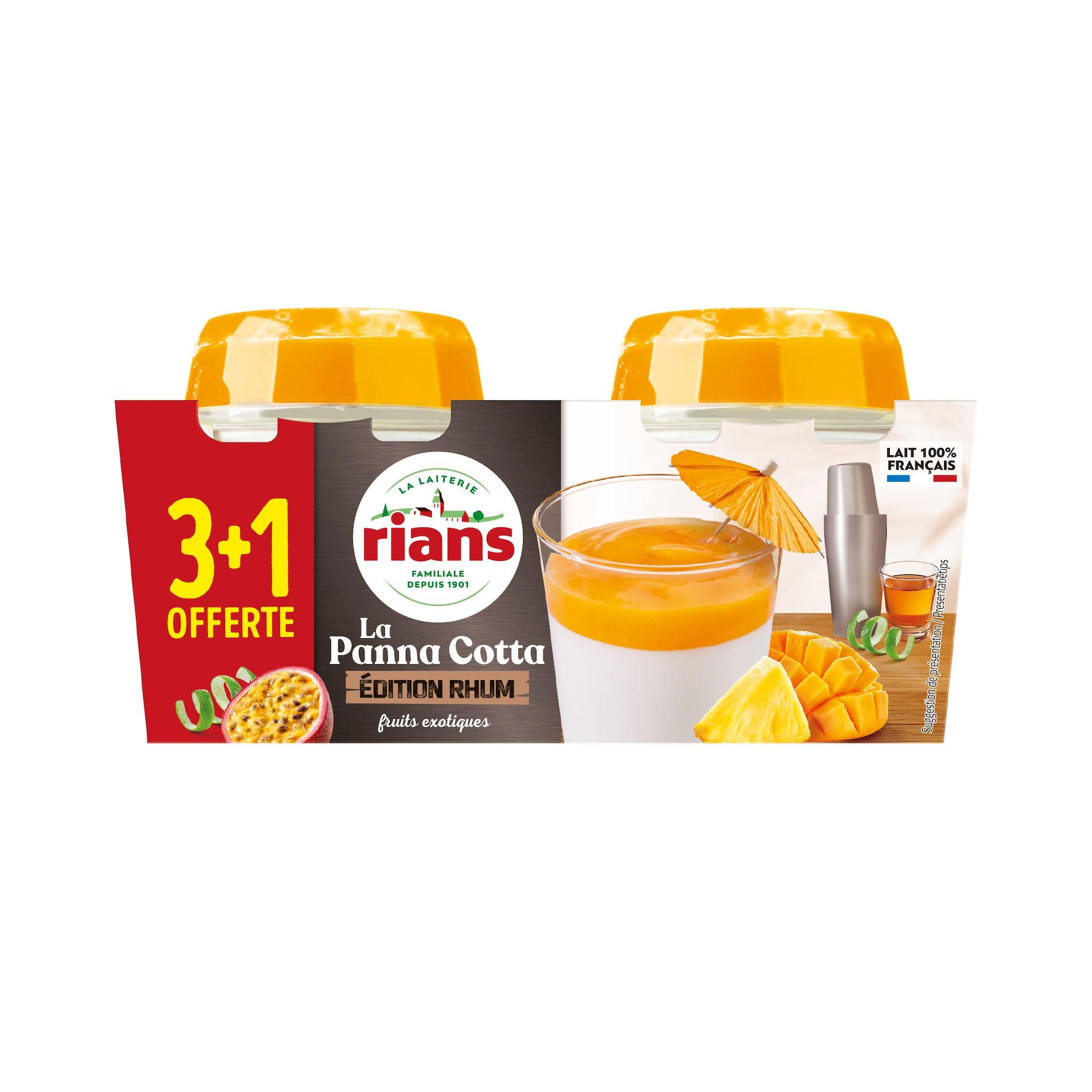 RIANS Panna cotta au rhum et coulis de fruits exotiques 3+1 offert 4x120g