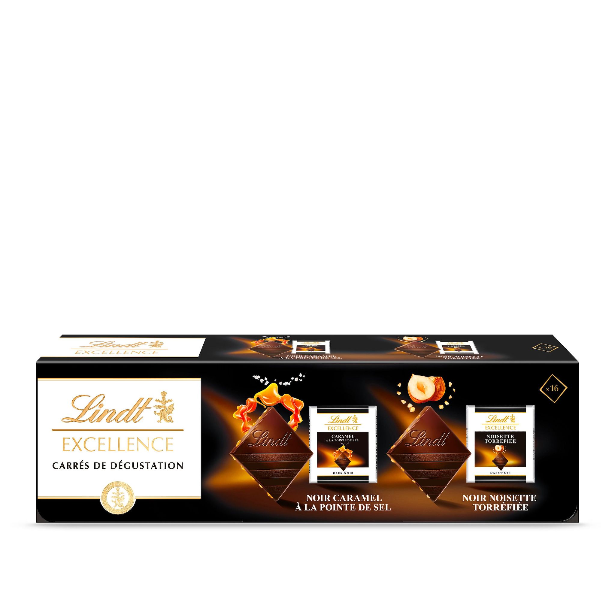LINDT Excellence assortiment de bouchées de chocolat noir, caramel sel et noir noisettes 158g