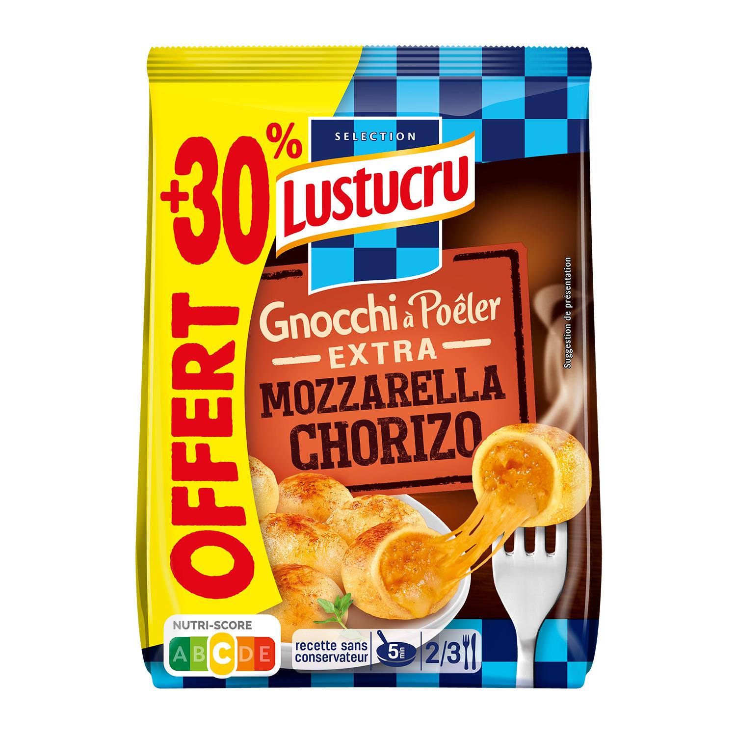 LUSTUCRU SELECTION Gnocchi à poêler extra mozzarella chorizo 2/3 parts 364g dont 30% offert