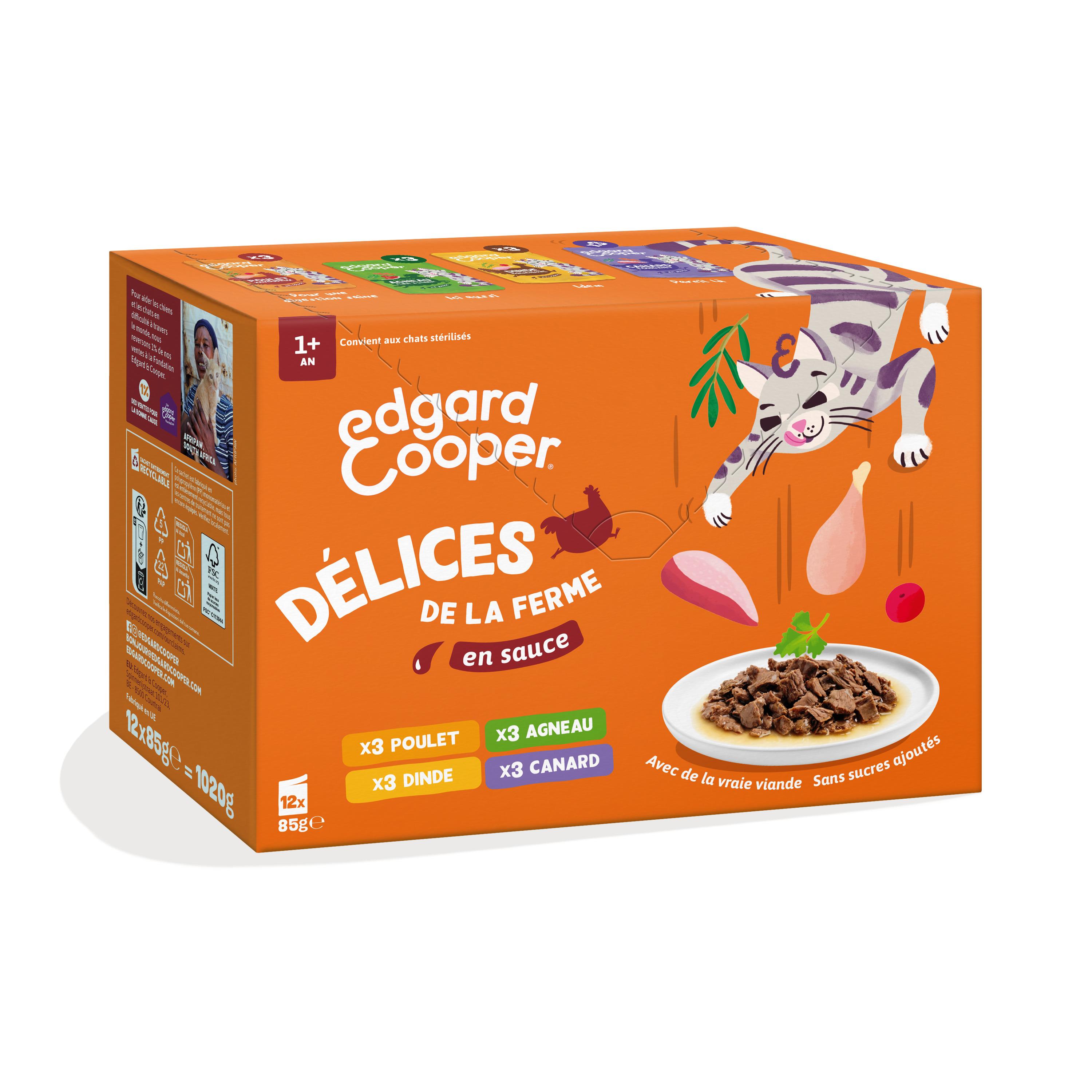 EDGAR & COOPER Délices de la ferme Sachets repas en sauce à la viande pour chat 12 sachets 12x85g