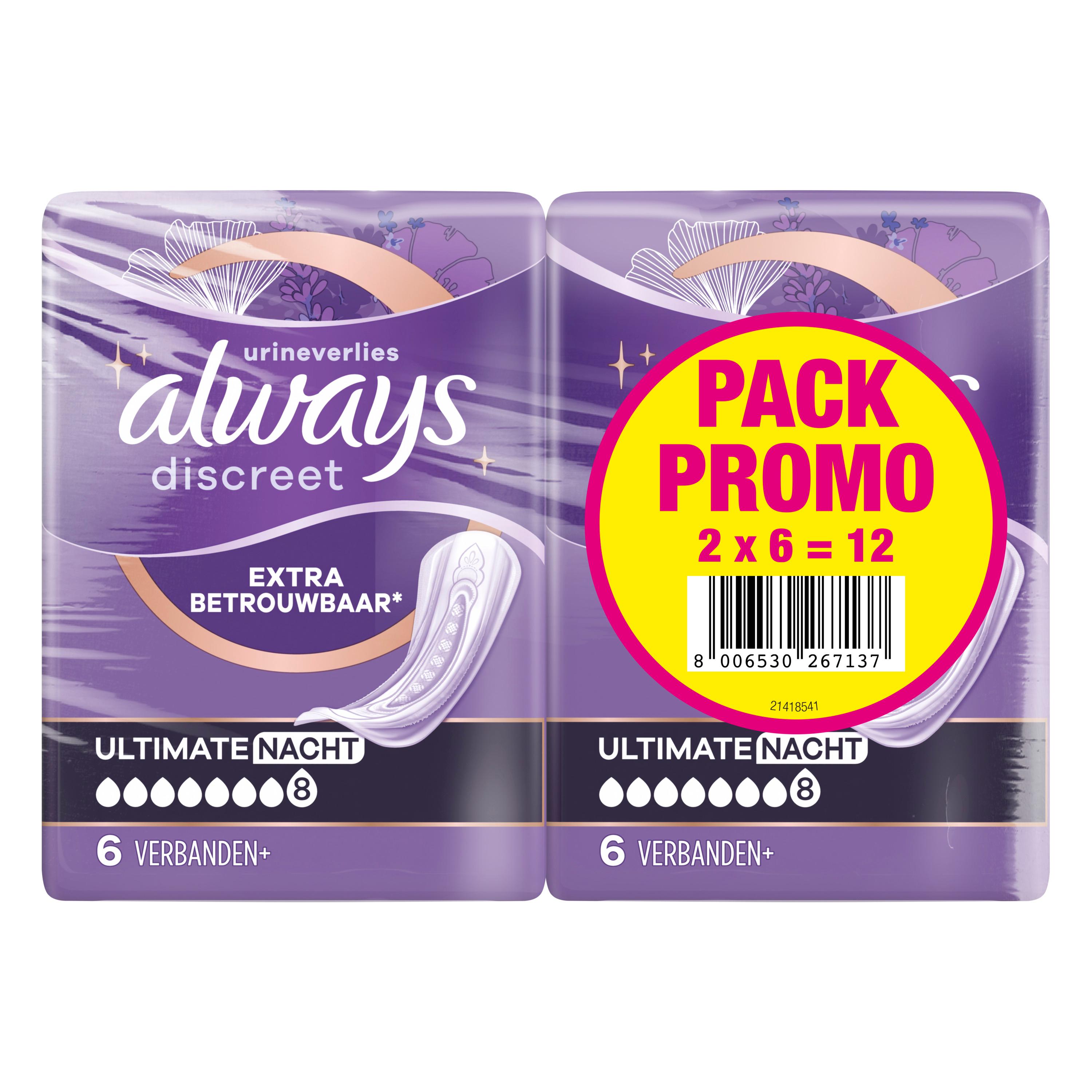 ALWAYS Discreet Serviettes pour fuites urinaires ultimate nuit 12 serviettes