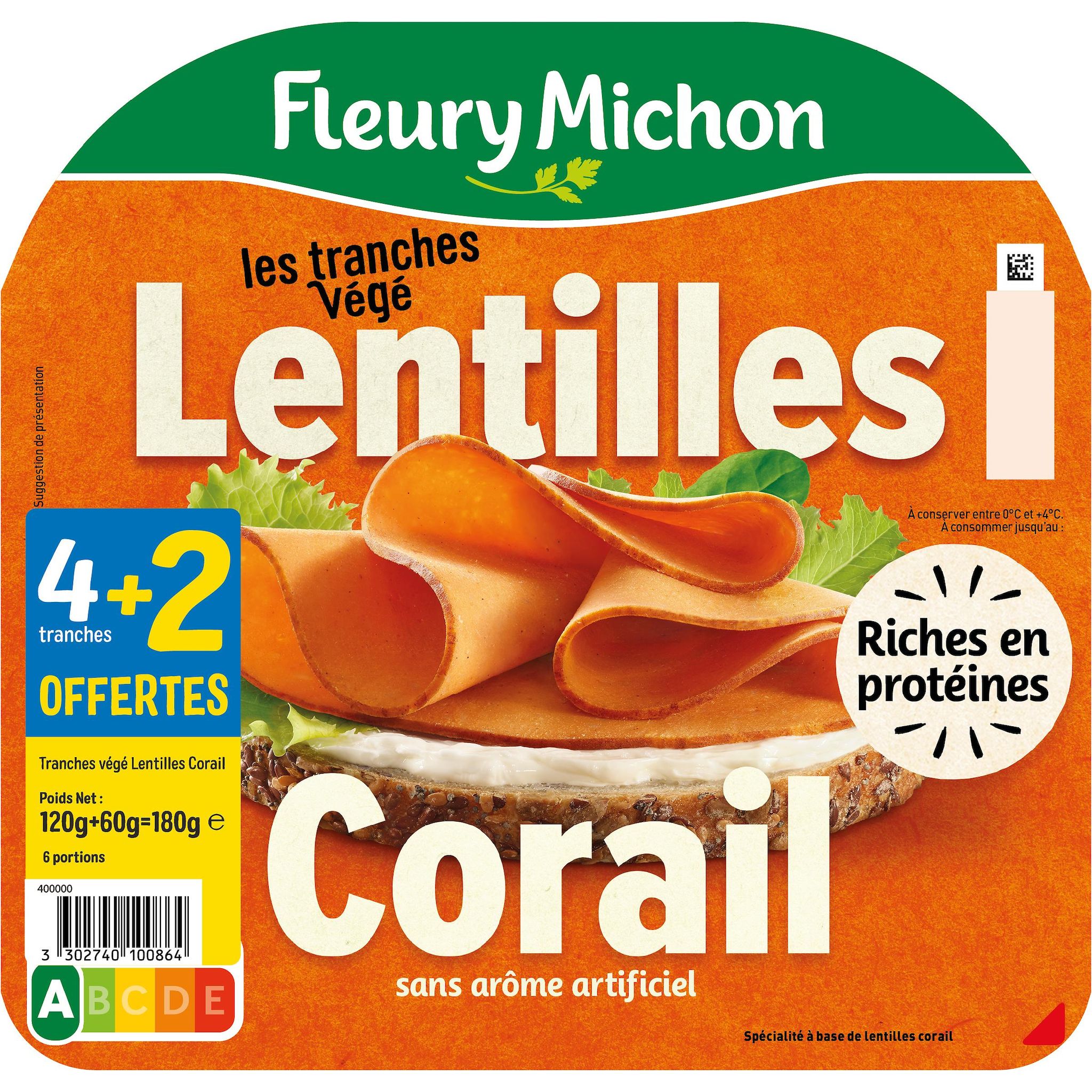 FLEURY MICHON Tranches végé aux lentilles corail 6 tranches+2 offertes 180g format promo