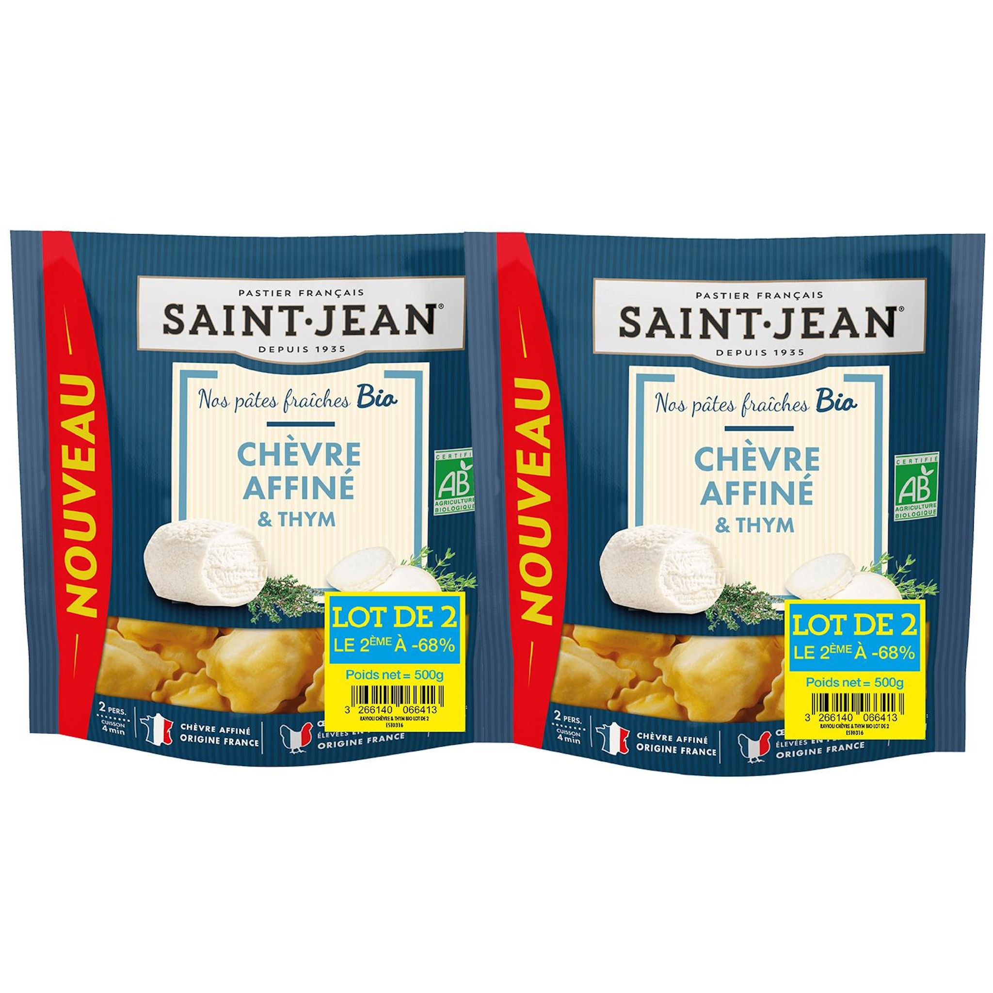 SAINT JEAN Pâtes farcies au chèvre affiné et thym bio 4 portions 2x250g