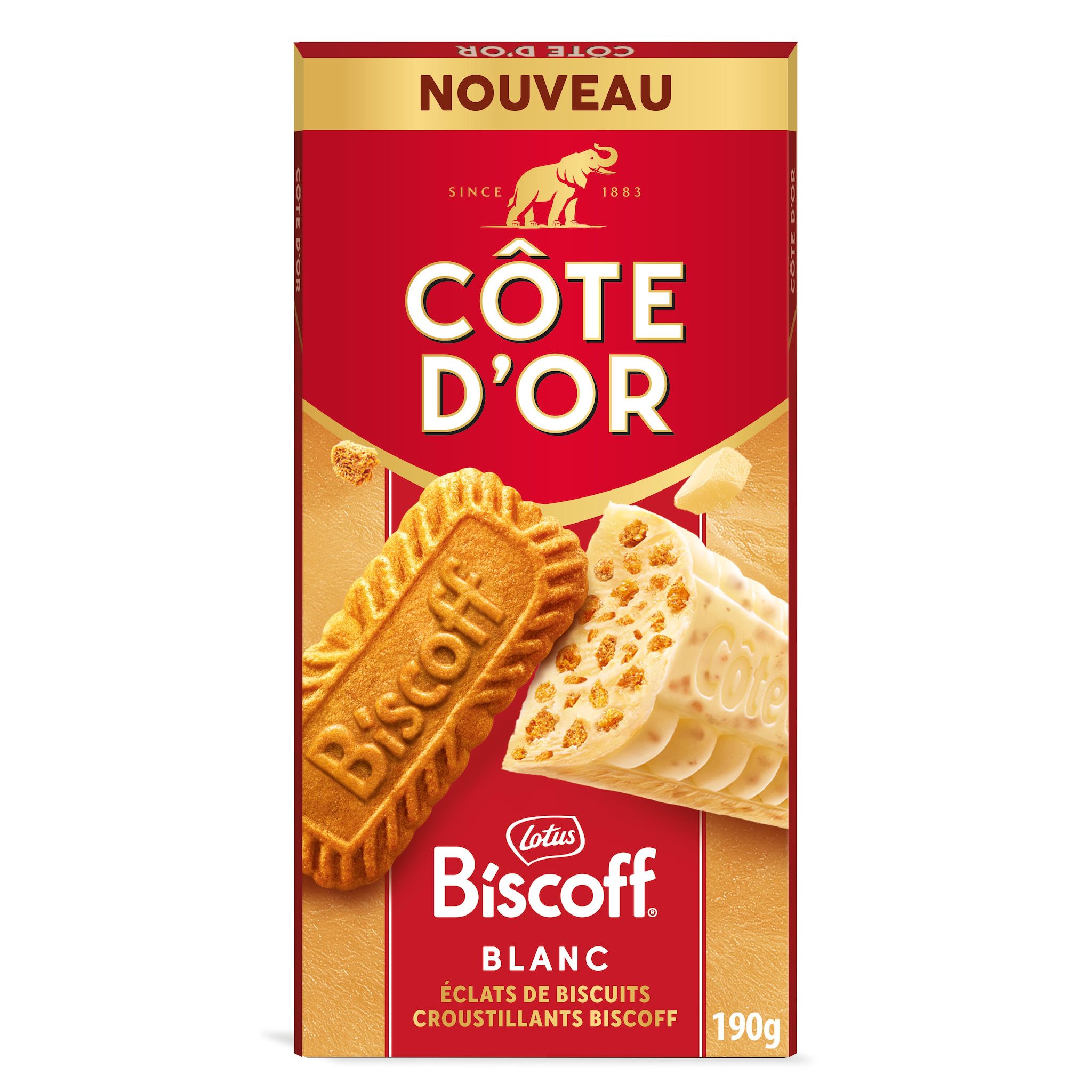 COTE D'OR Tablette de chocolat blanc Biscoff avec des éclats de biscuits 190g
