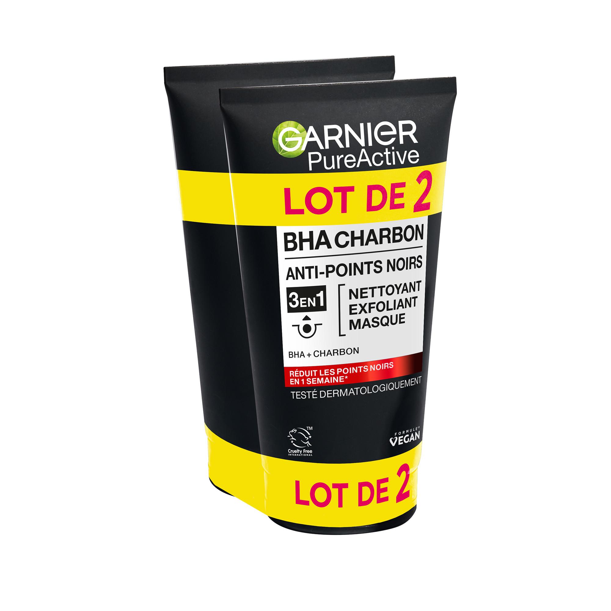 GARNIER Pure Active BHA Charbon anti-points noirs 3en1 nettoyant masque exfoliant 2x150ml