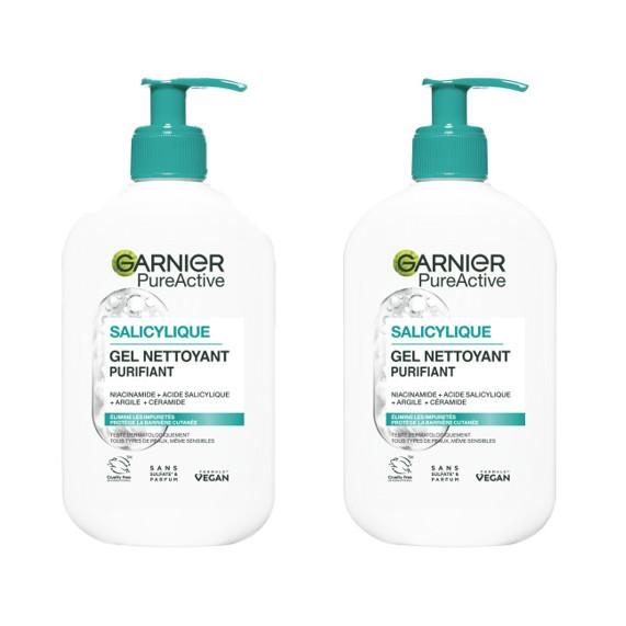 GARNIER Pure Active Salicylique gel nettoyant purifiant niacinamide, acide salicylique, argile, céramide tous types de peaux même sensibles 2x250ml