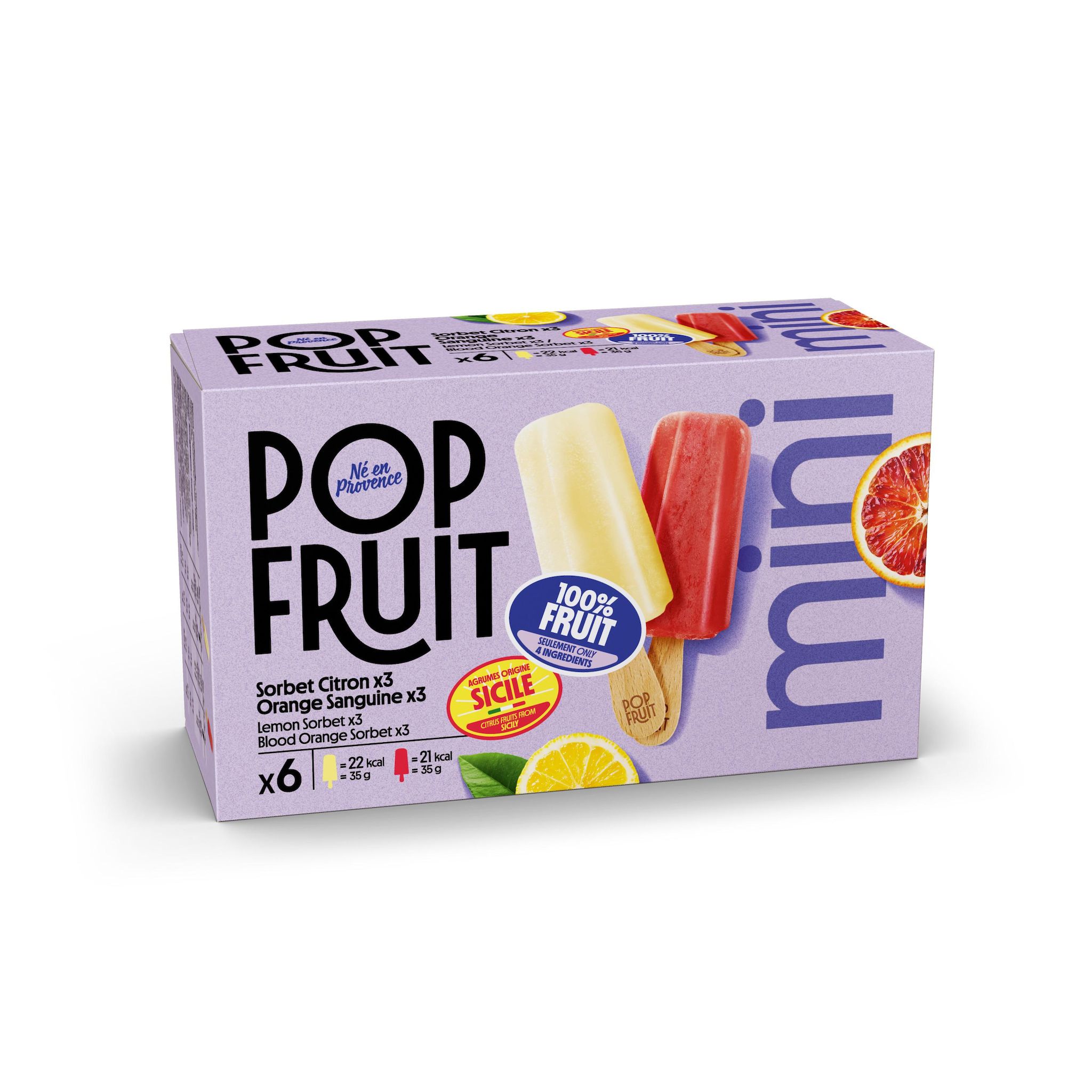 POP'FRUIT Mini bâtonnets glacés sorbet citron orange sanguine de Sicile 6 pièces 6x35g
