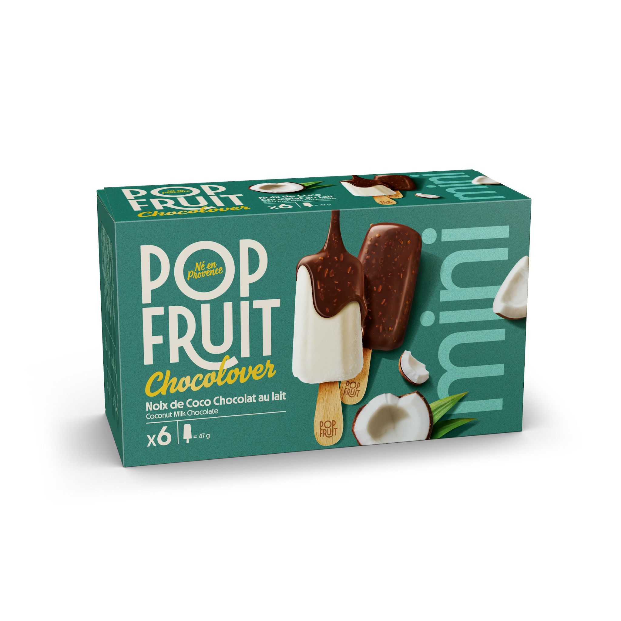 POP'FRUIT Mini bâtonnets glacés sorbet noix de coco chocolat lait 6 pièces 6x47g