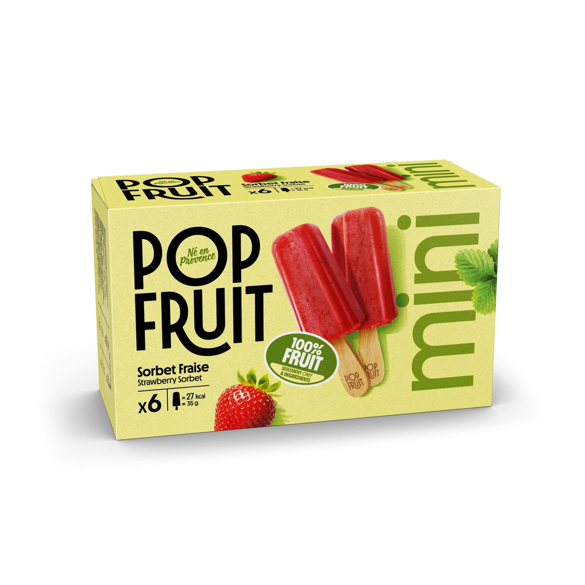 POP'FRUIT Mini bâtonnets glacés sorbet à la fraise 6 pièces 6x35g