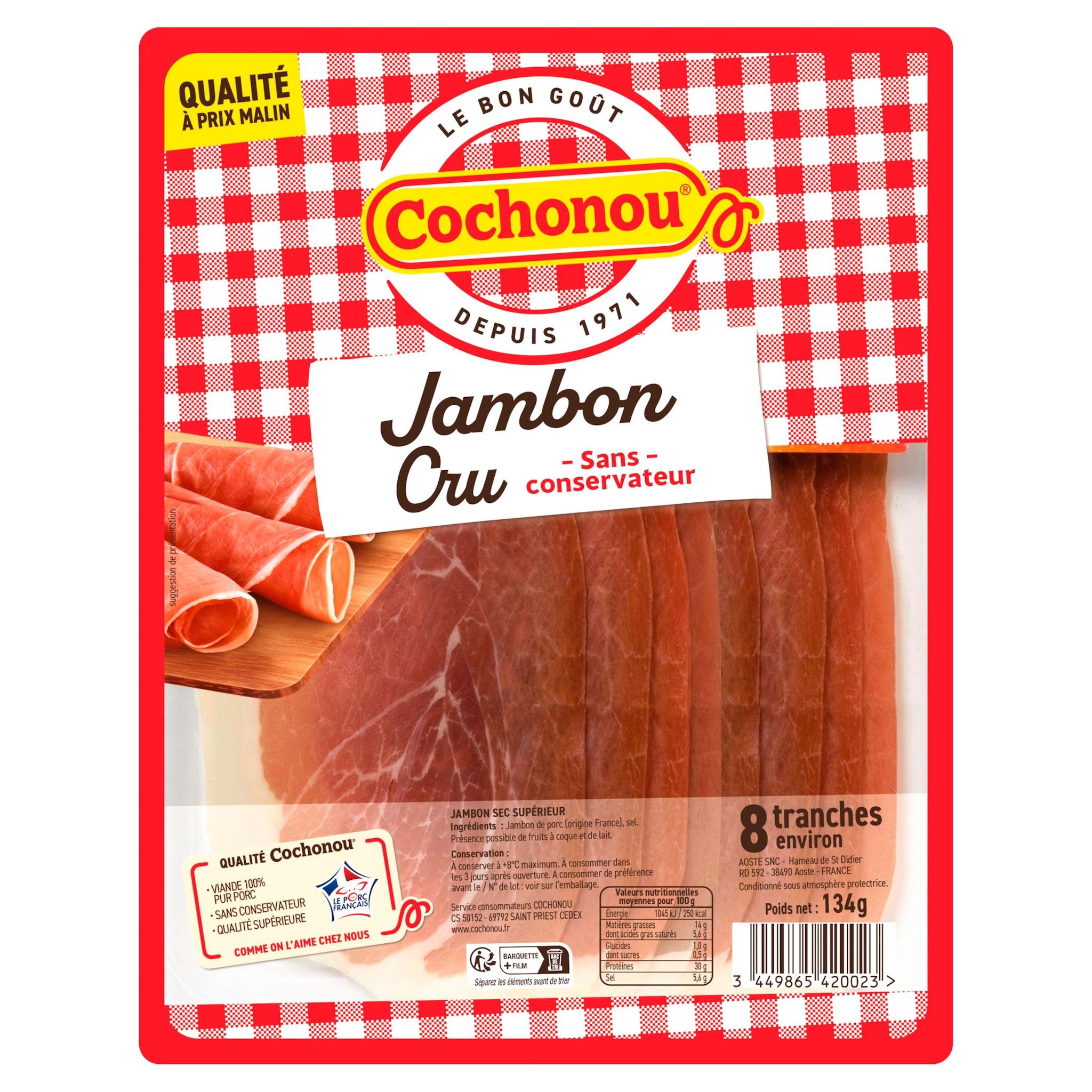 COCHONOU Jambon cru supérieur sans conservateurs 8 tranches 134g