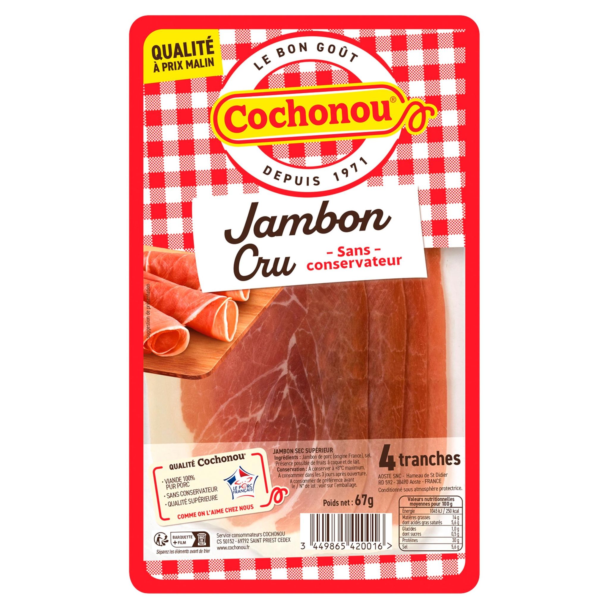 COCHONOU Jambon cru supérieur sans conservateurs 4 tranches 67g