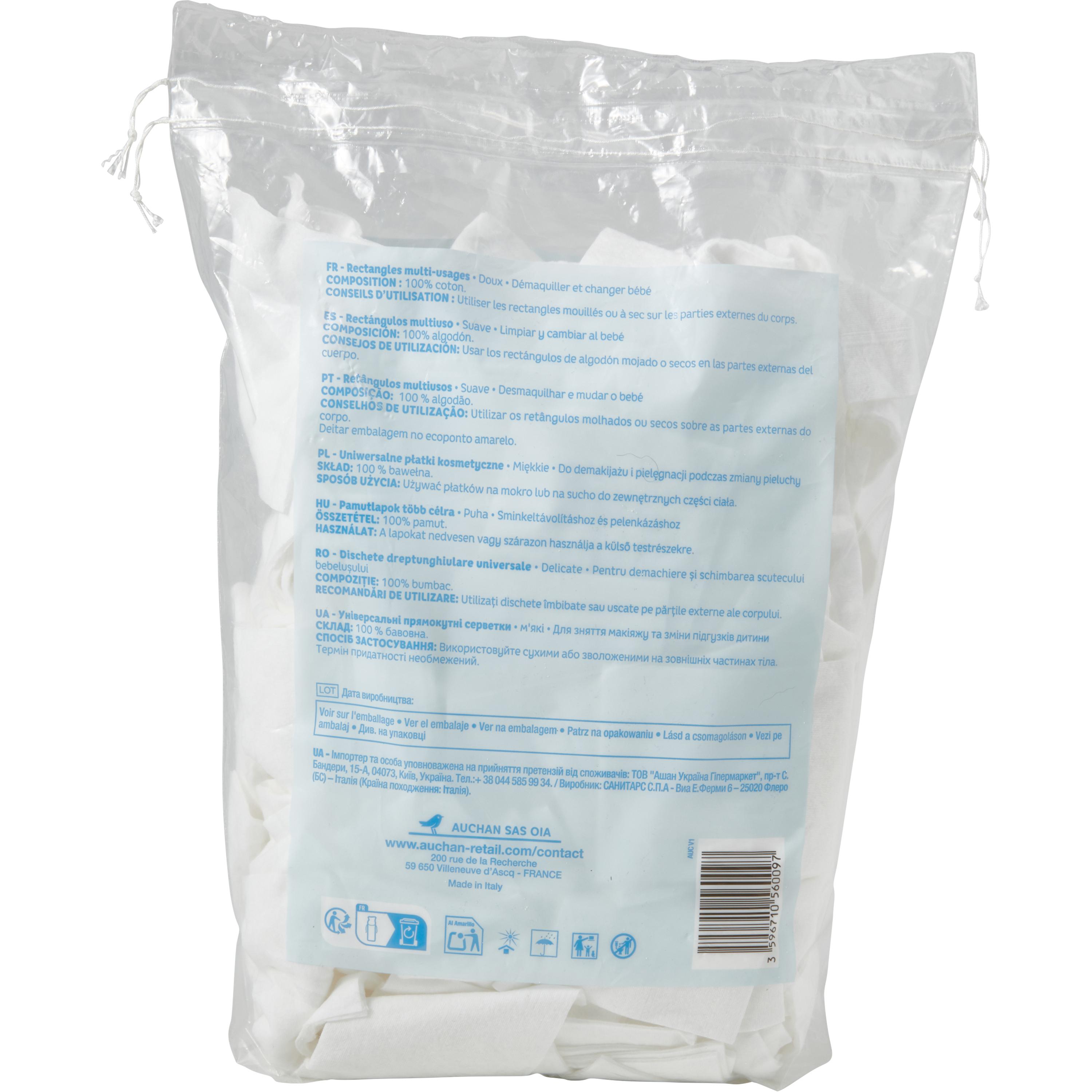 Voir la diapositive 2 : AUCHAN BABY Coton rectangles pour bébé 180 pièces