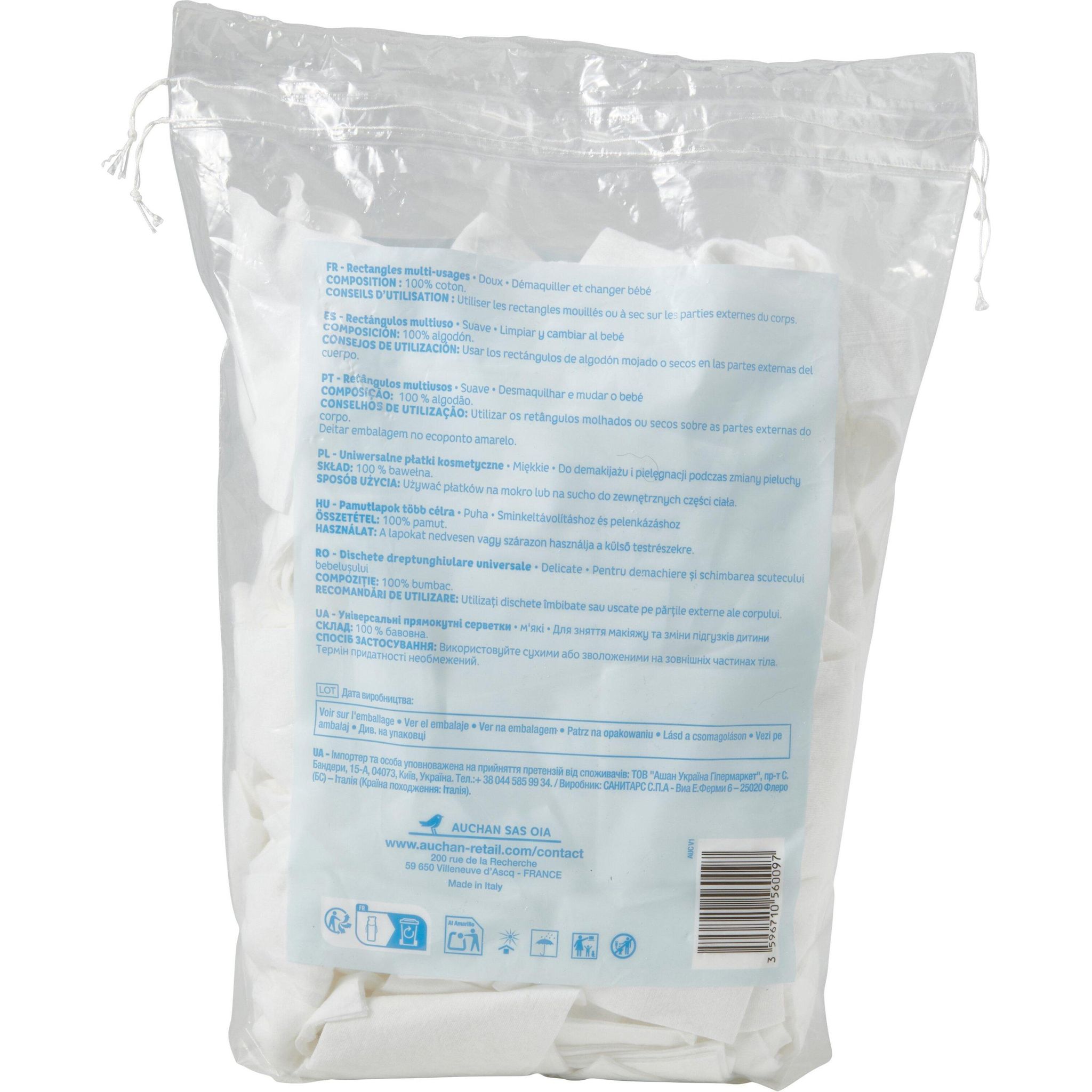 Voir la diapositive 2 : AUCHAN BABY Coton rectangles pour bébé 180 pièces