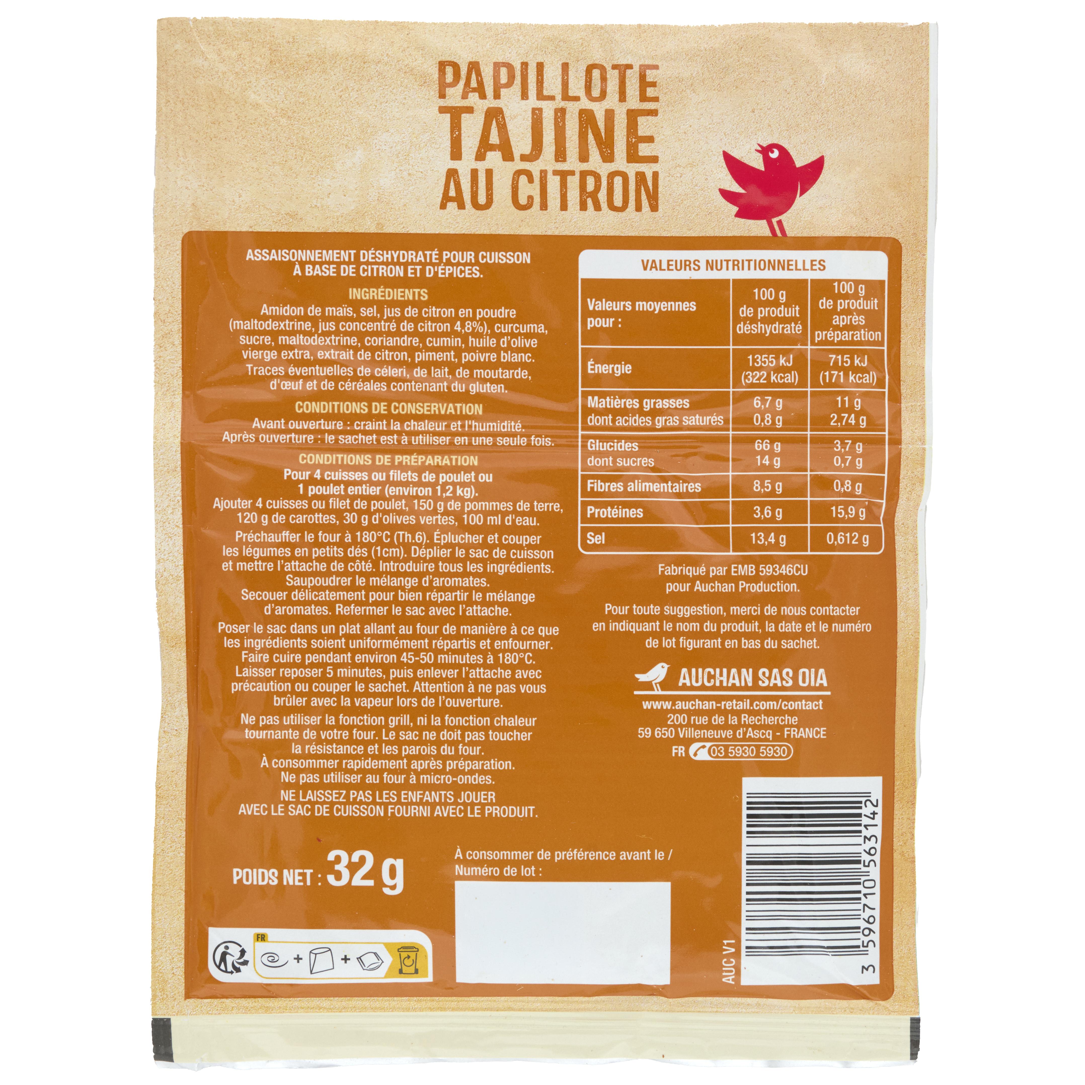Voir la diapositive 2 : AUCHAN Papillotte tajine citron bouillon 32g