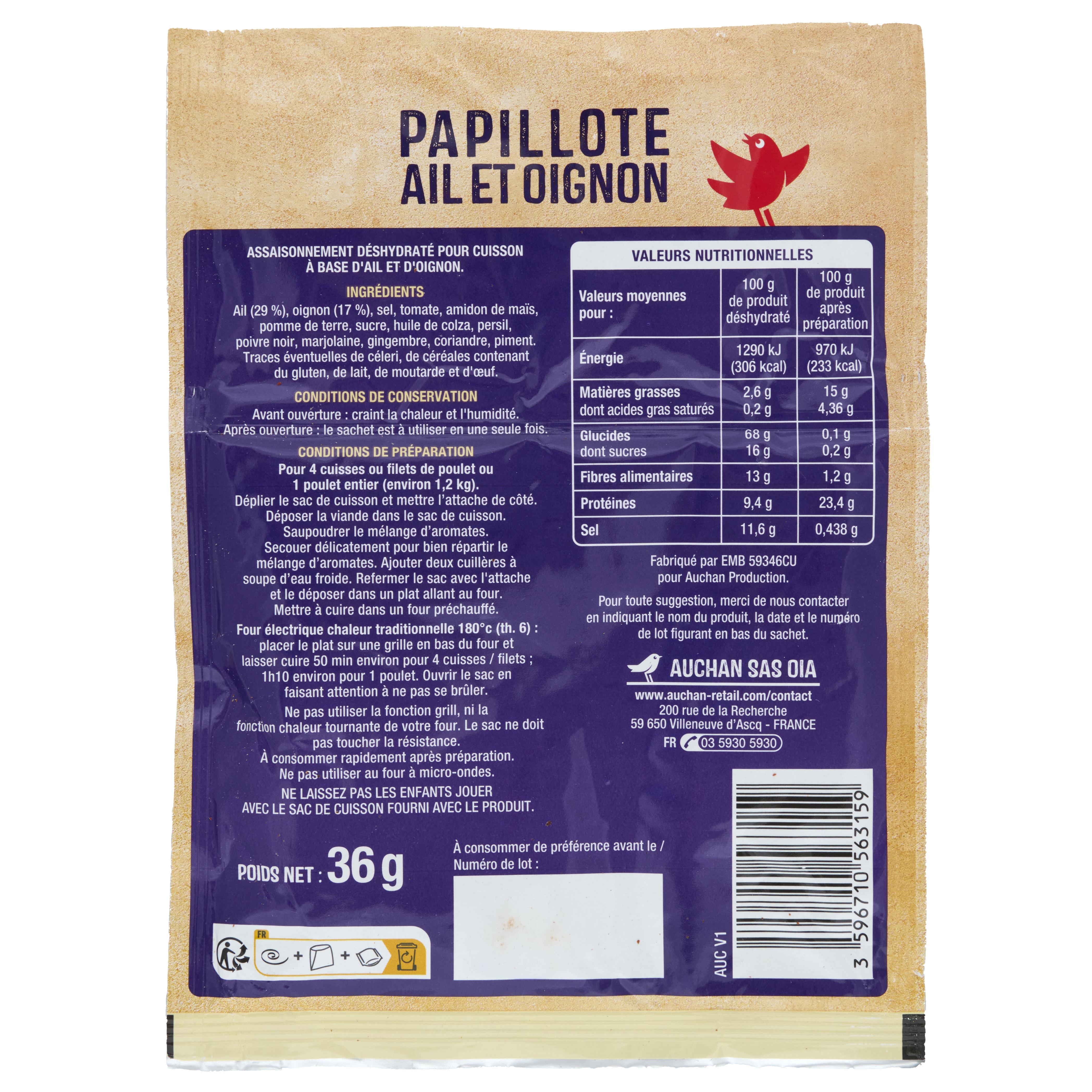 Voir la diapositive 2 : AUCHAN Papillotte ail oignon deshydratée 36g