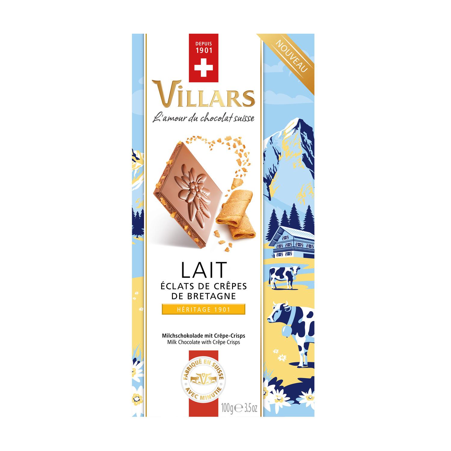 VILLARS Tablette de chocolat au lait aux éclats de crêpes de bretagne 100g