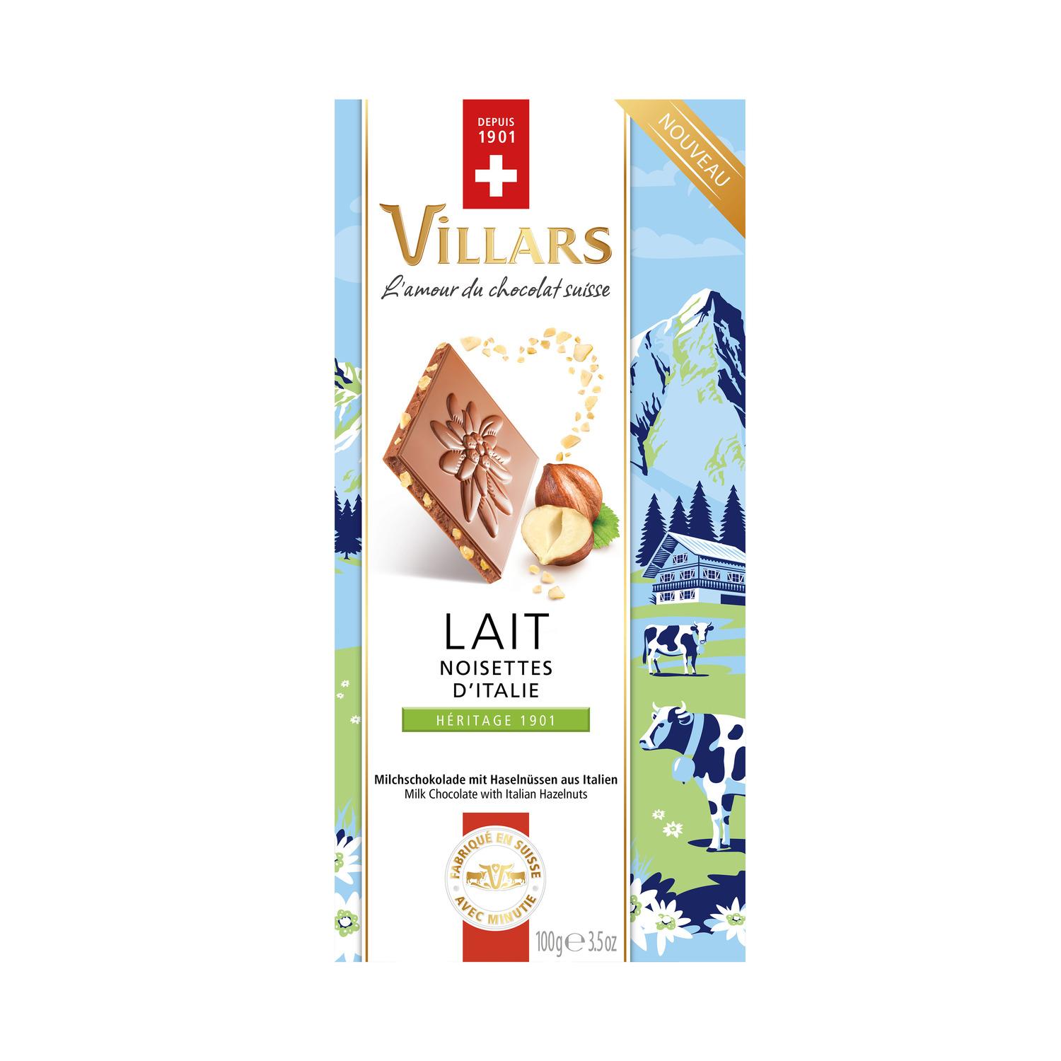 VILLARS Tablette de chocolat au lait et noisettes d'Italie 100g