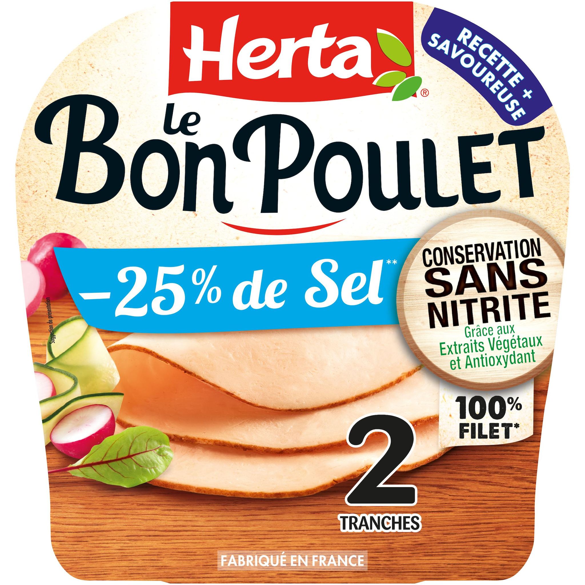 HERTA Le bon poulet jambon de volaille réduit en sel conservation sans nitrite 2 tranches 65g