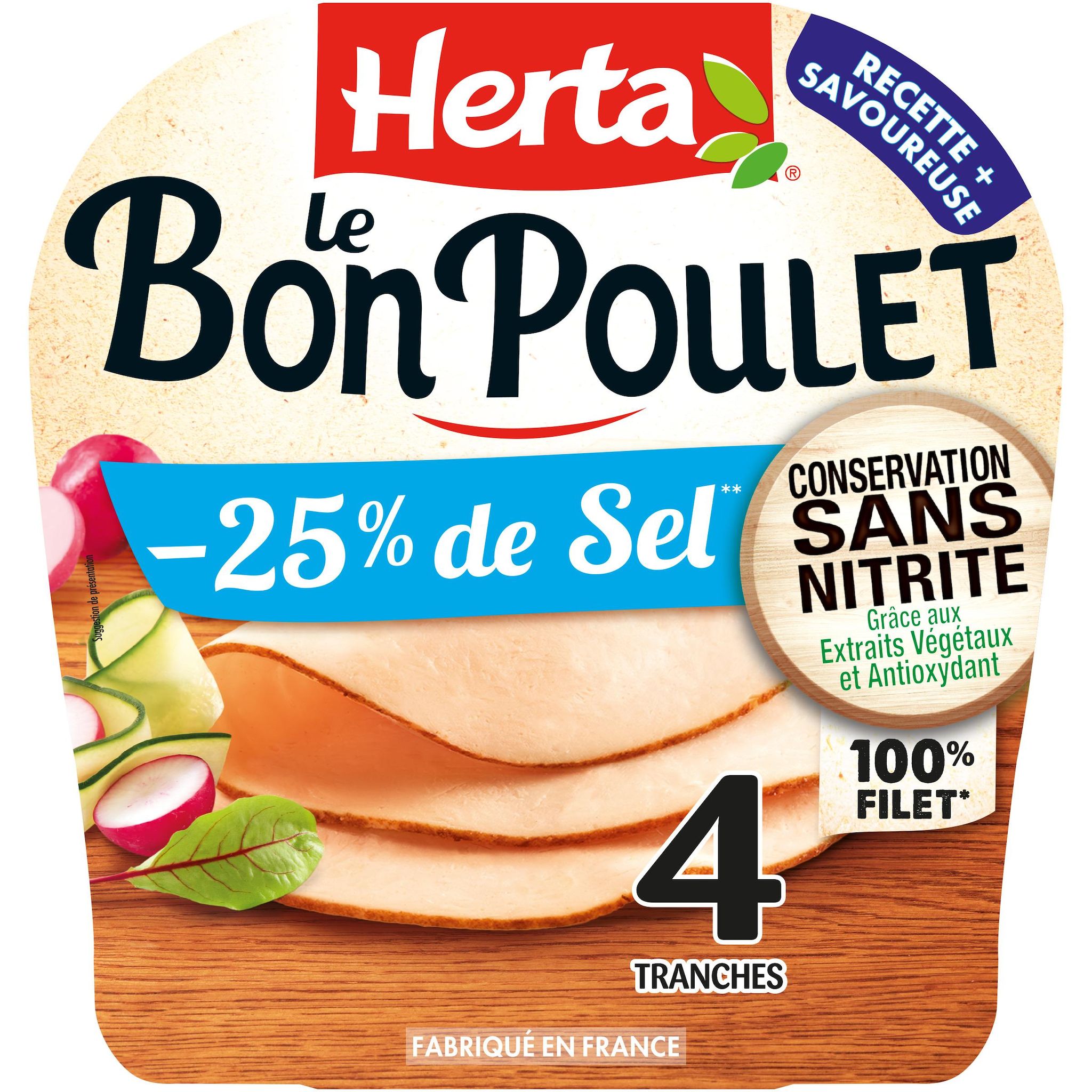 HERTA Le Bon Poulet 100% filet -25% de sel conservation sans nitrites 4 pièces 130g