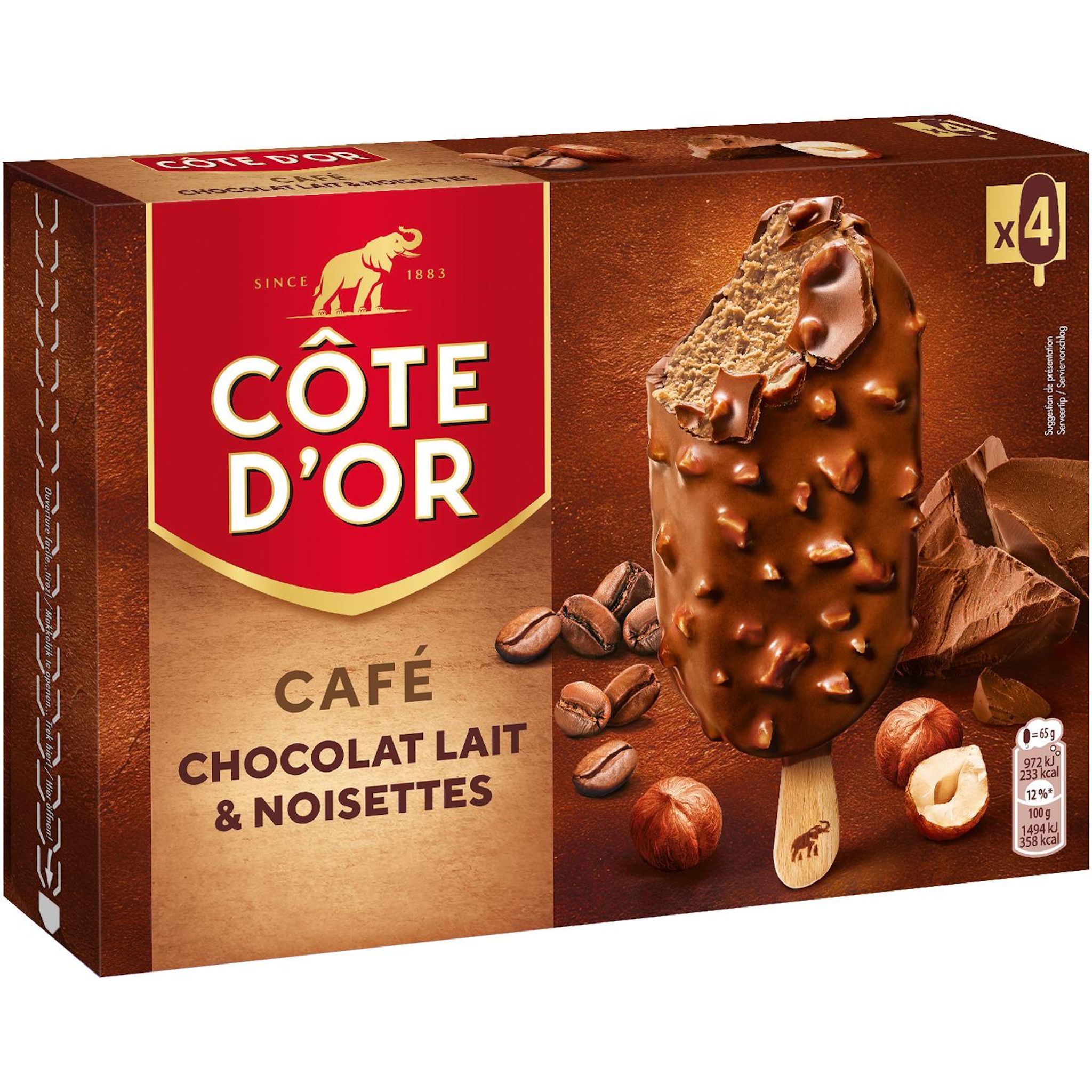 COTE D'OR Bâtonnets glacés café chocolat au lait noisettes 4 pièces 260g