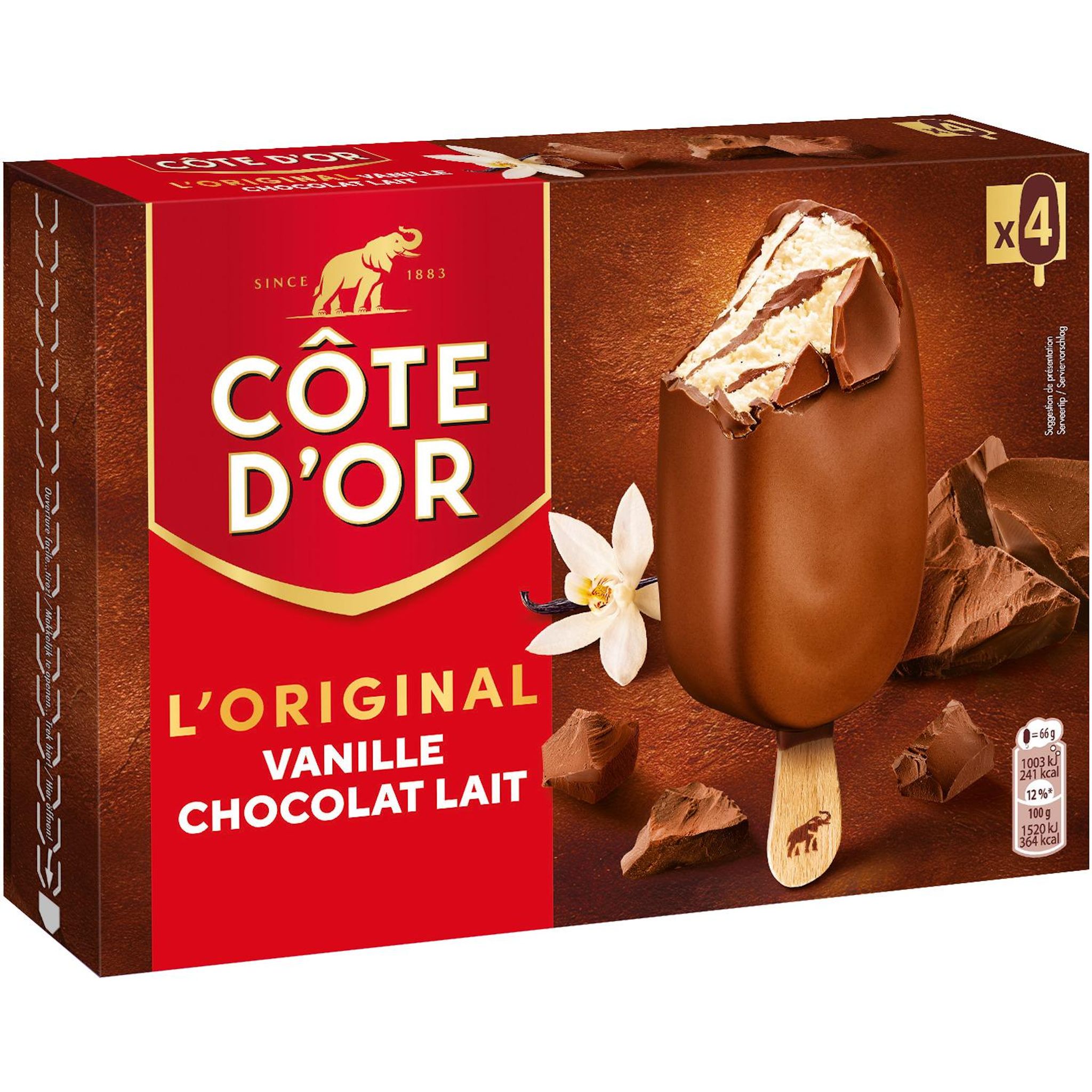 COTE D'OR Bâtonnets glacés vanille chocolat au lait 4 pièces 264g