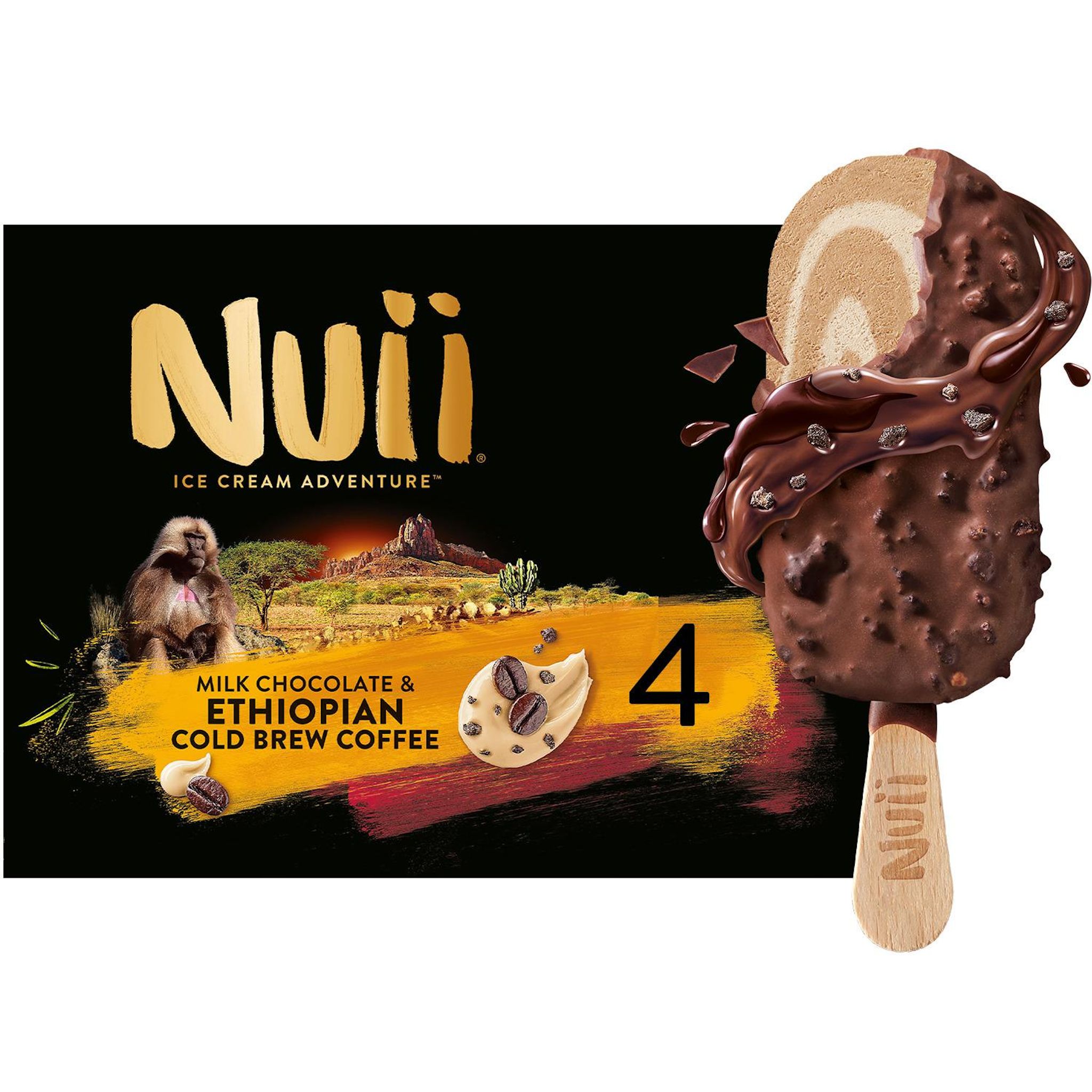 NUII Bâtonnets glacés café d'ethiopie amande chocolat au lait morceaux de biscuits cacaotés et café caramélisé 4 pièces 280g
