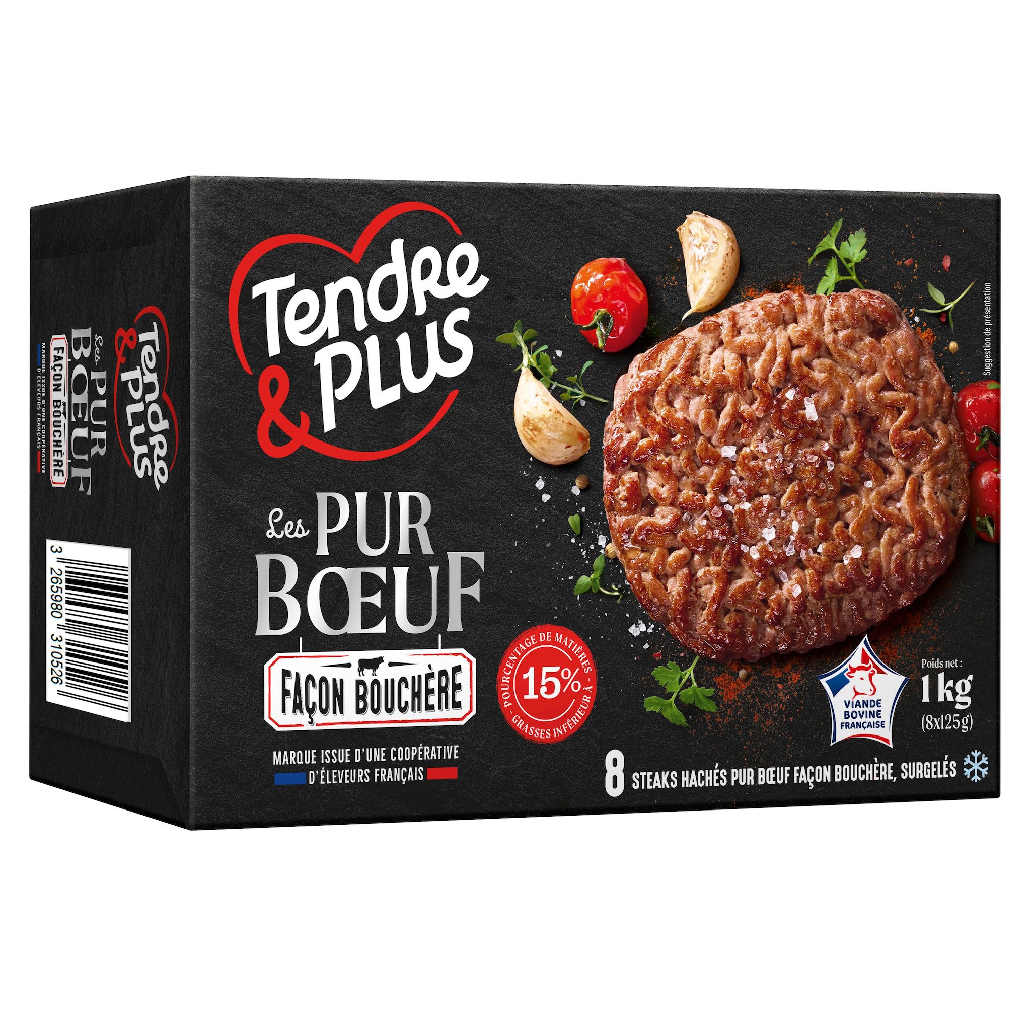 TENDRE & PLUS Steaks hachés pur boeuf façon bouchère surgelés 8x125g