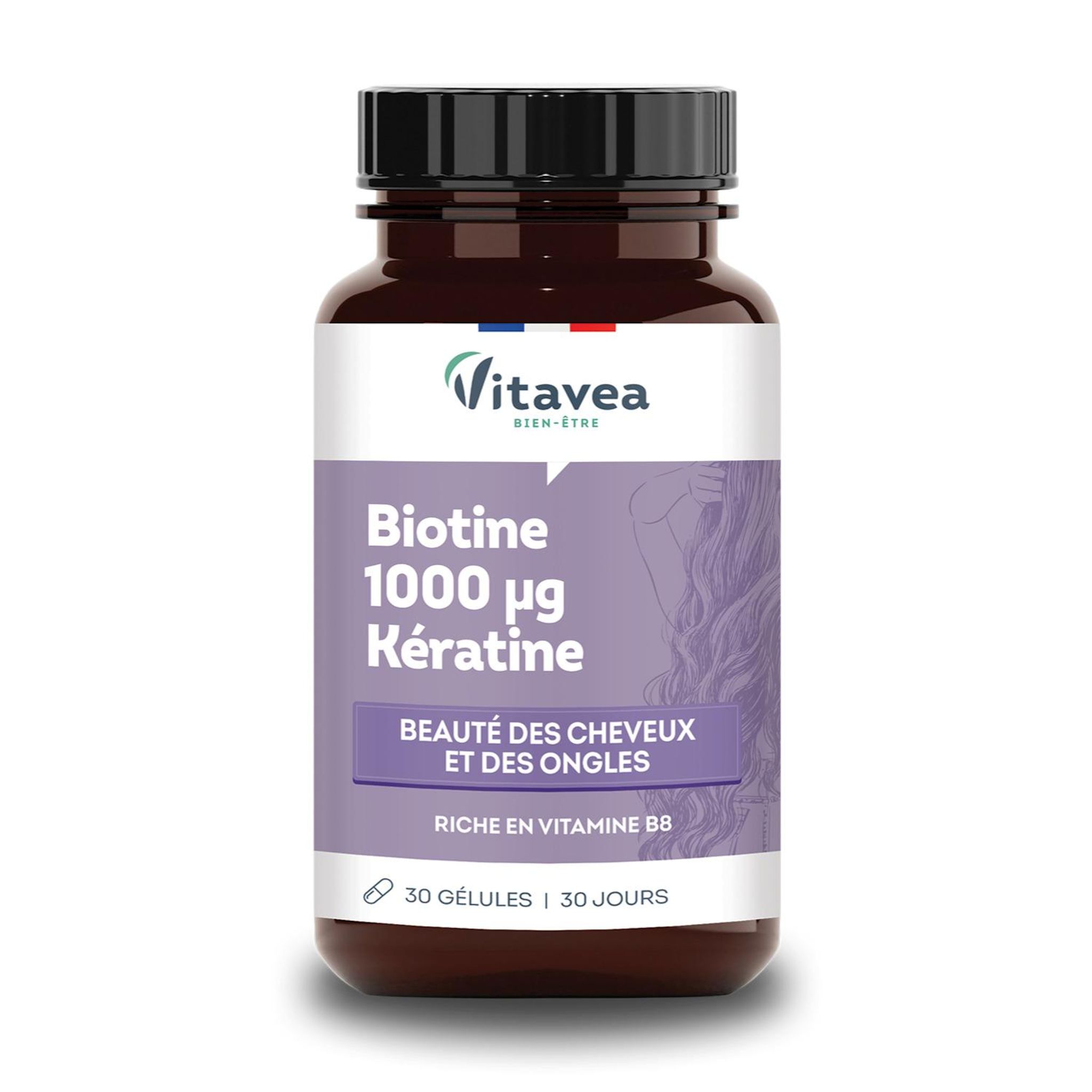 VITAVEA Complément alimentaire biotine 1000ug kératine pour beauté des cheveux et ongles 30 gélules 8g