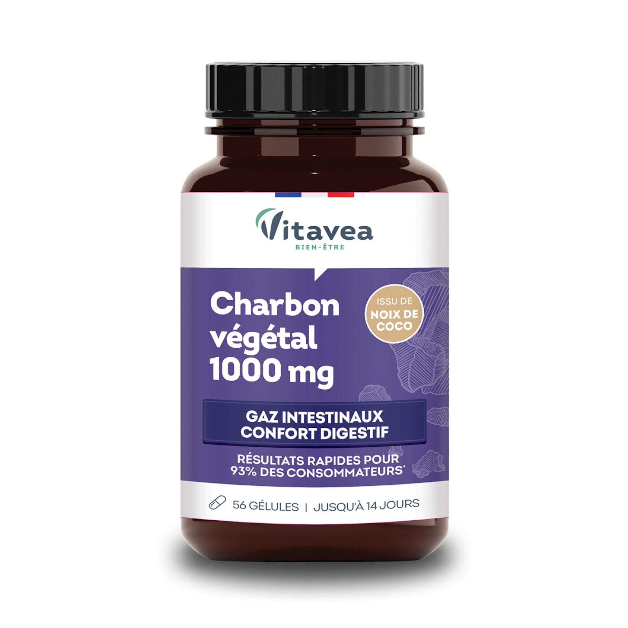VITAVEA Complément alimentaire Charbon végétal 1000 mg gaz intestinaux et confort digestif 56 gélules 19g