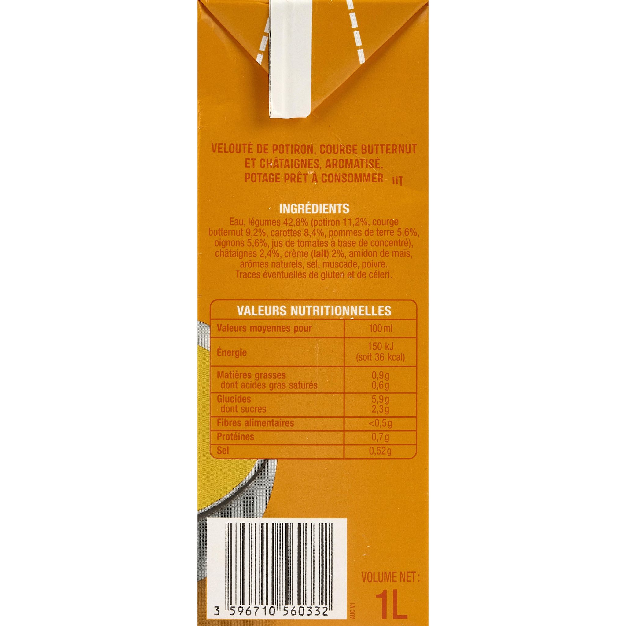 Voir la diapositive 2 : AUCHAN Soupe veloutée de potiron et châtaigne 1l