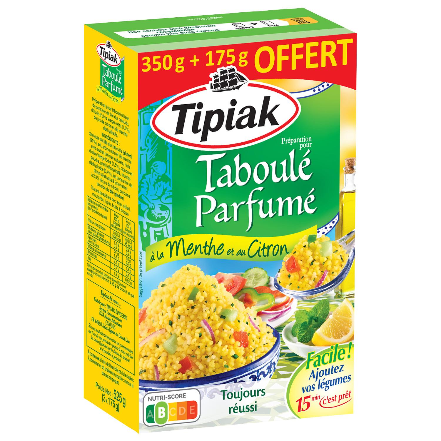 TIPIAK Taboulé parfumé à la menthe et au citron 350g+175g offert