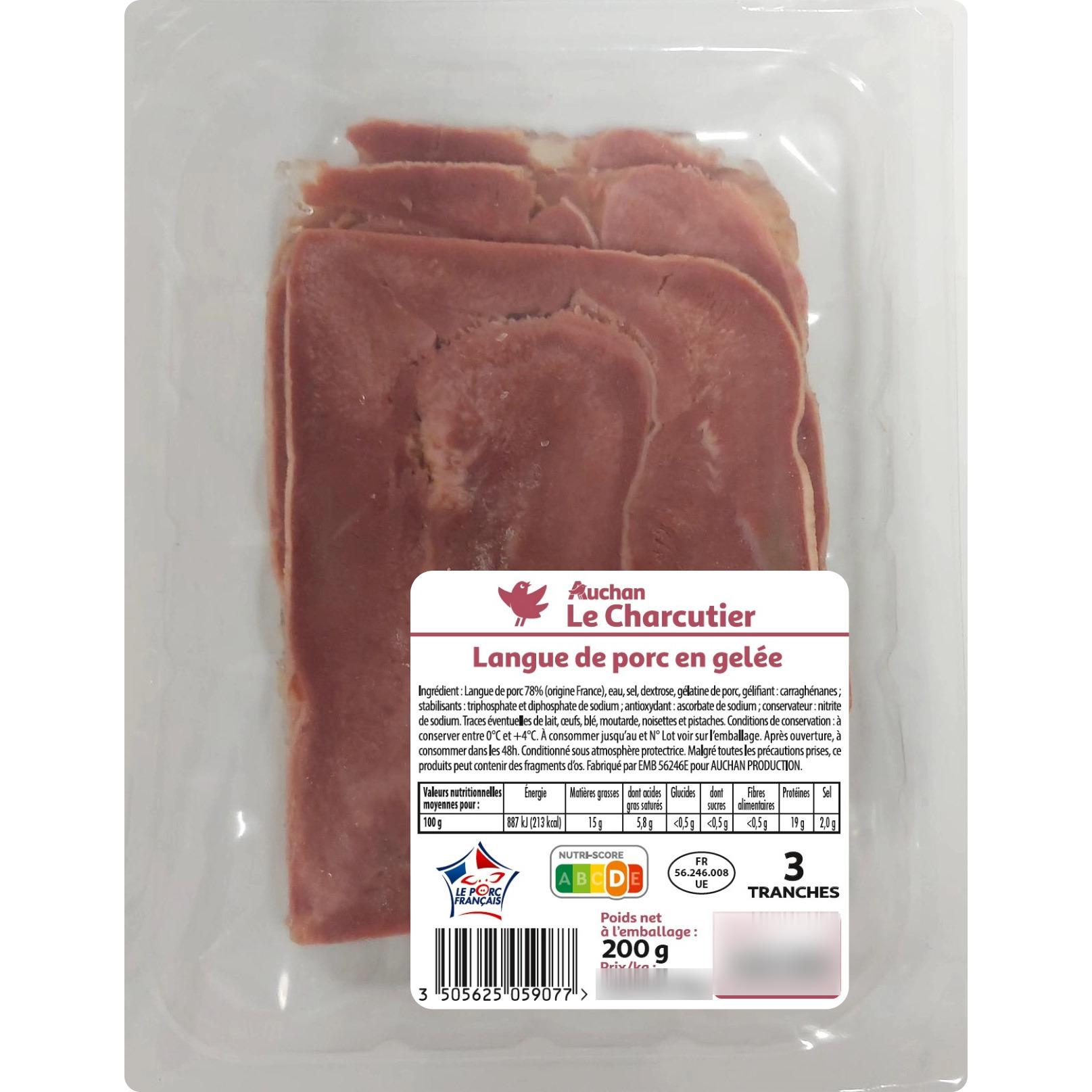 AUCHAN LE CHARCUTIER Langue de porc en gelée 3 tranches 200g