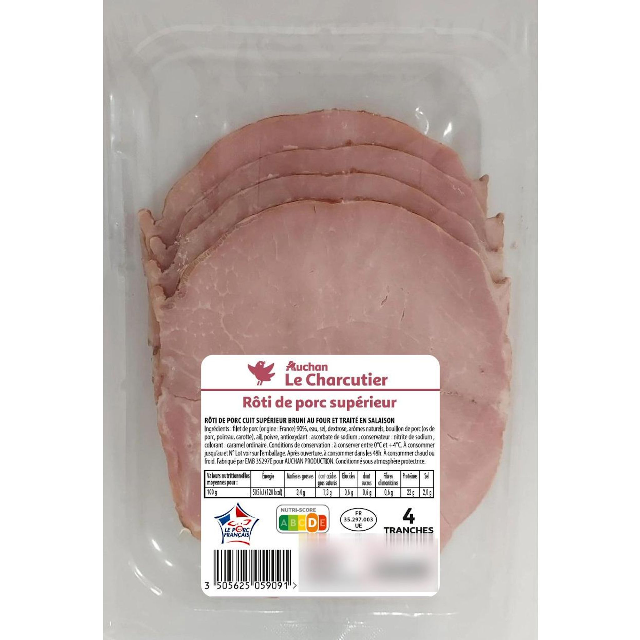 AUCHAN LE CHARCUTIER Rôti de porc 4 tranches 200g