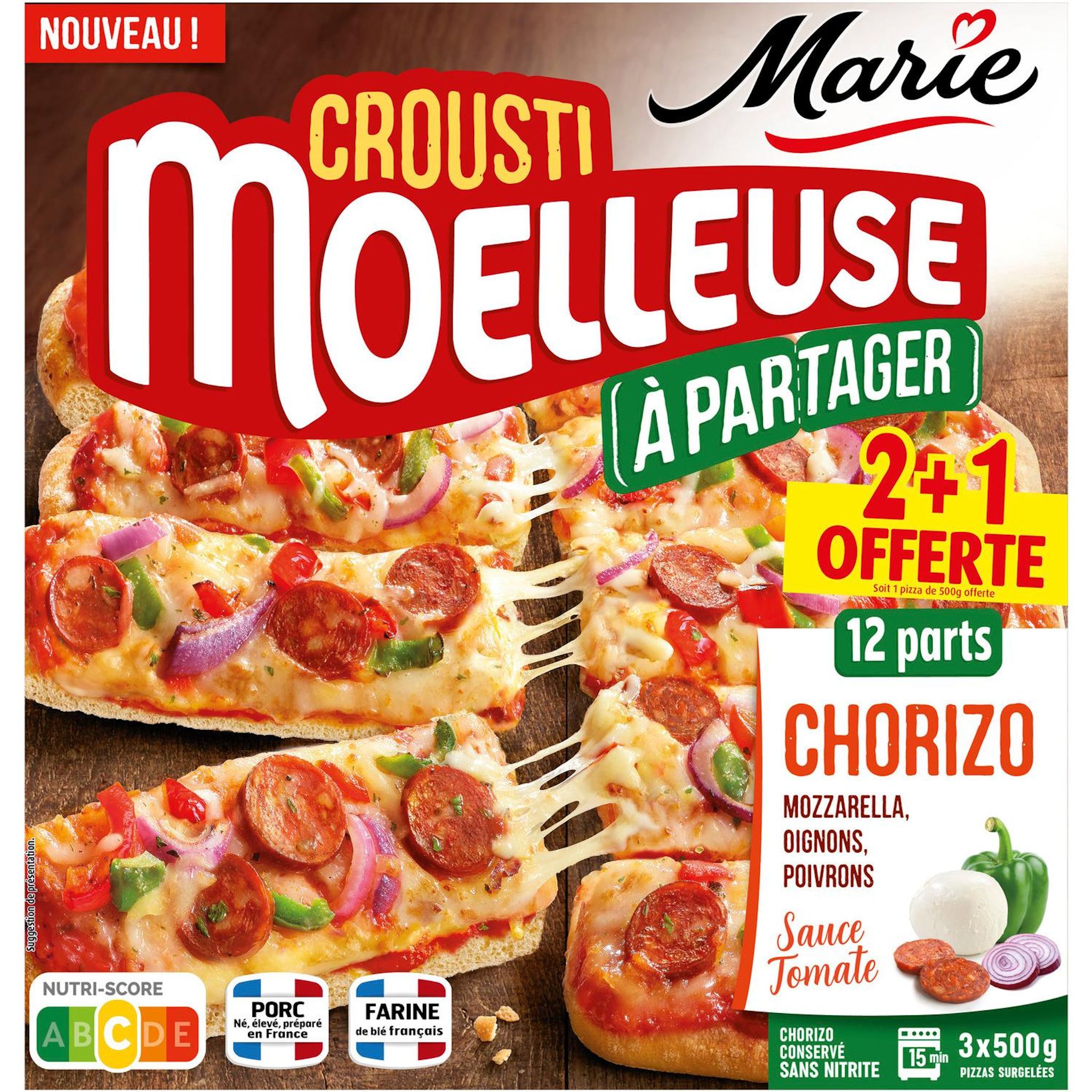 MARIE Pizza crousti moelleuse à partager chorizo mozzarella oignons poivrons 1.5kg