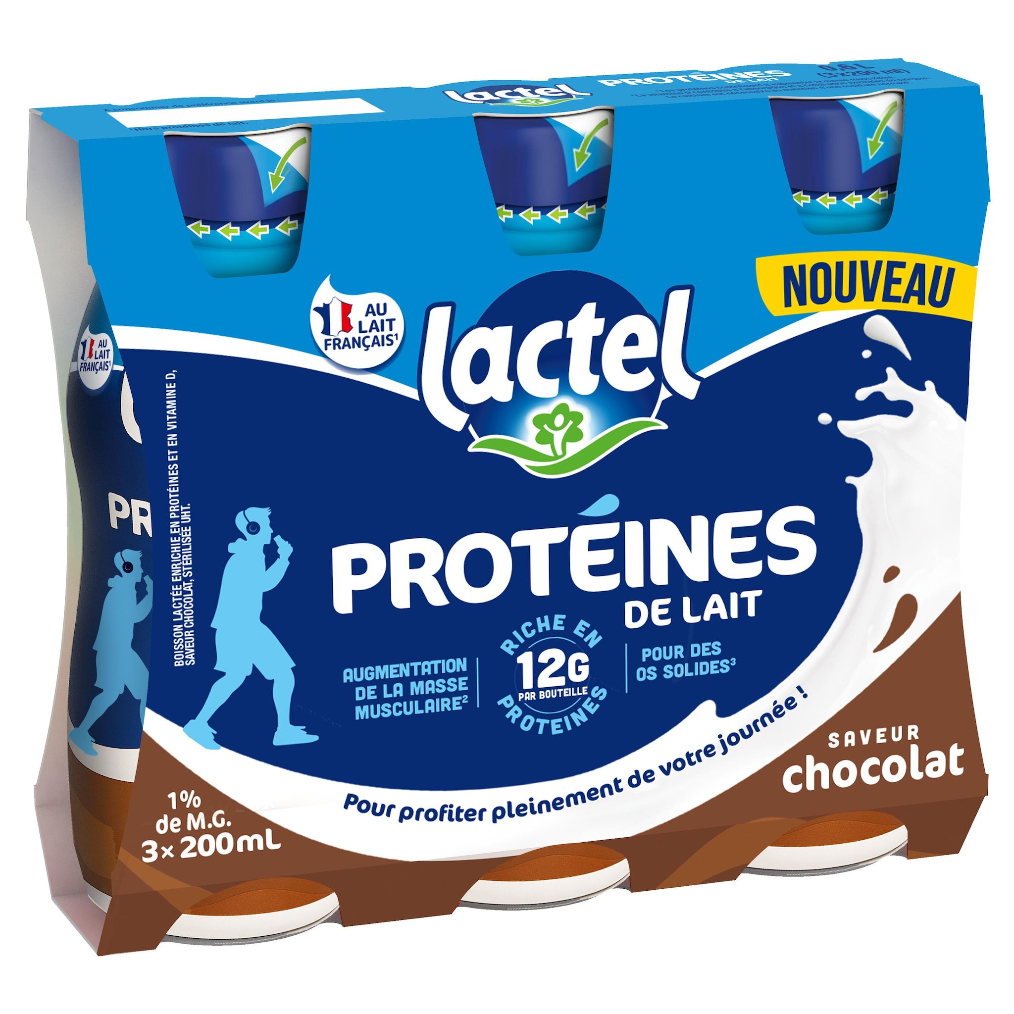 LACTEL Boisson lactée enrichi en protéines et vitamine D saveur chocolat 3x200ml