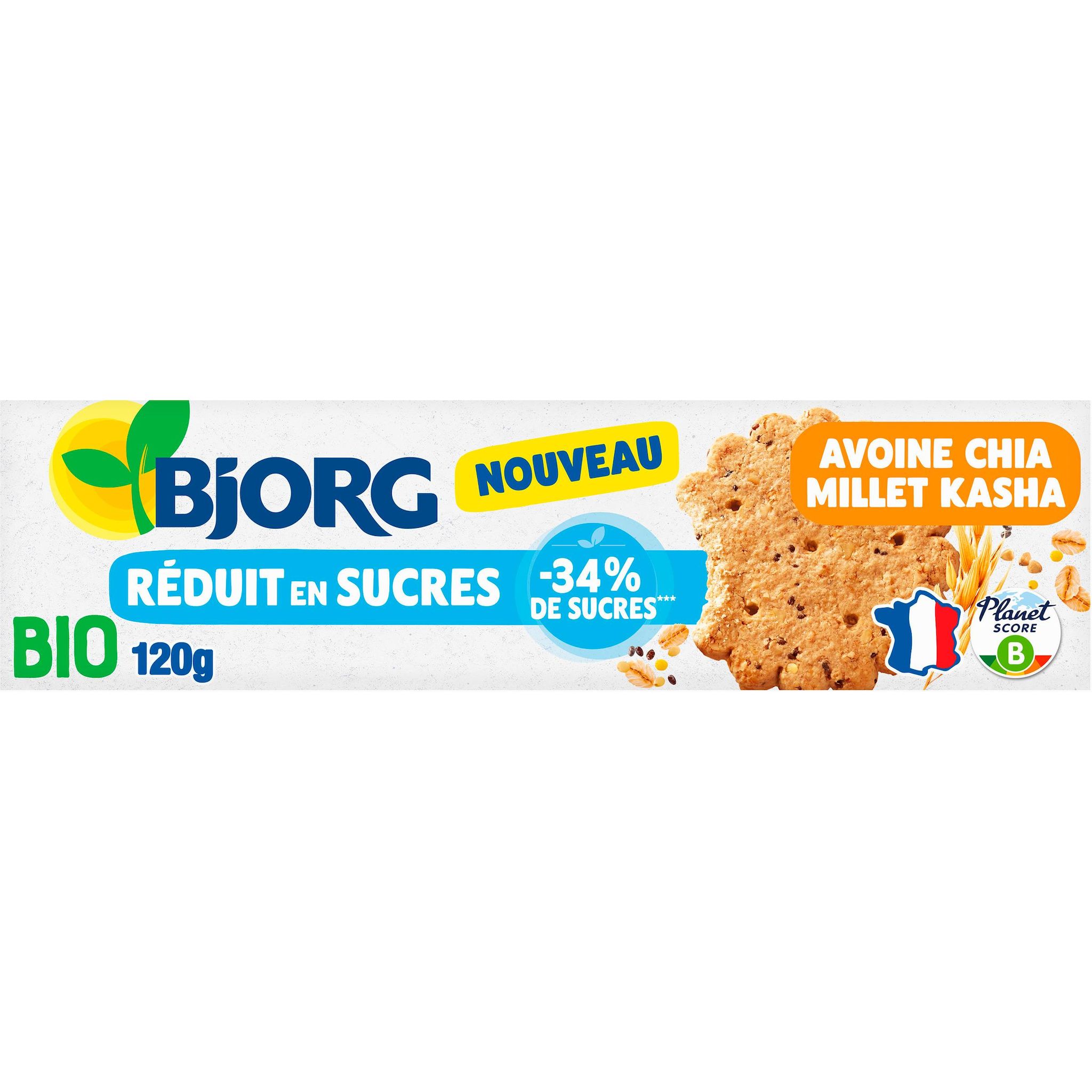 BJORG Biscuits bio à l'avoine chia millet et réduit en sucres sans huile de palme 120g