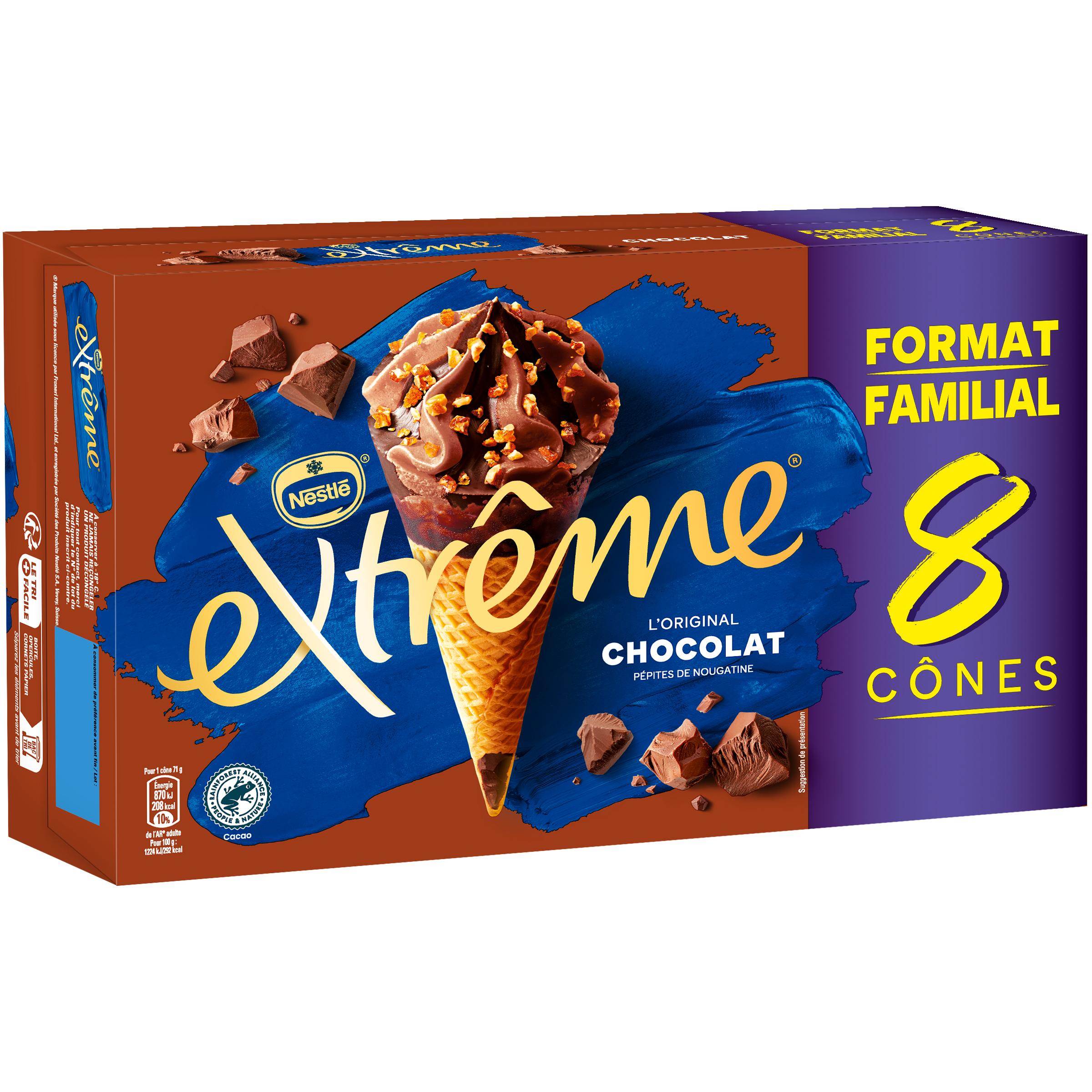 EXTREME Cônes glacés chocolat pépites de nougatine 8 pièces 8x71g