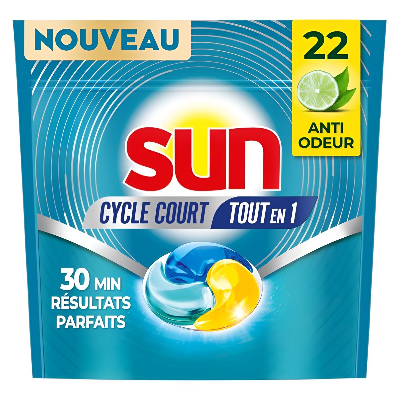 SUN Cycle Court capsules lave-vaisselle tout-en-1 anti-odeurs citron vert et thé vert 22 lavages 282g