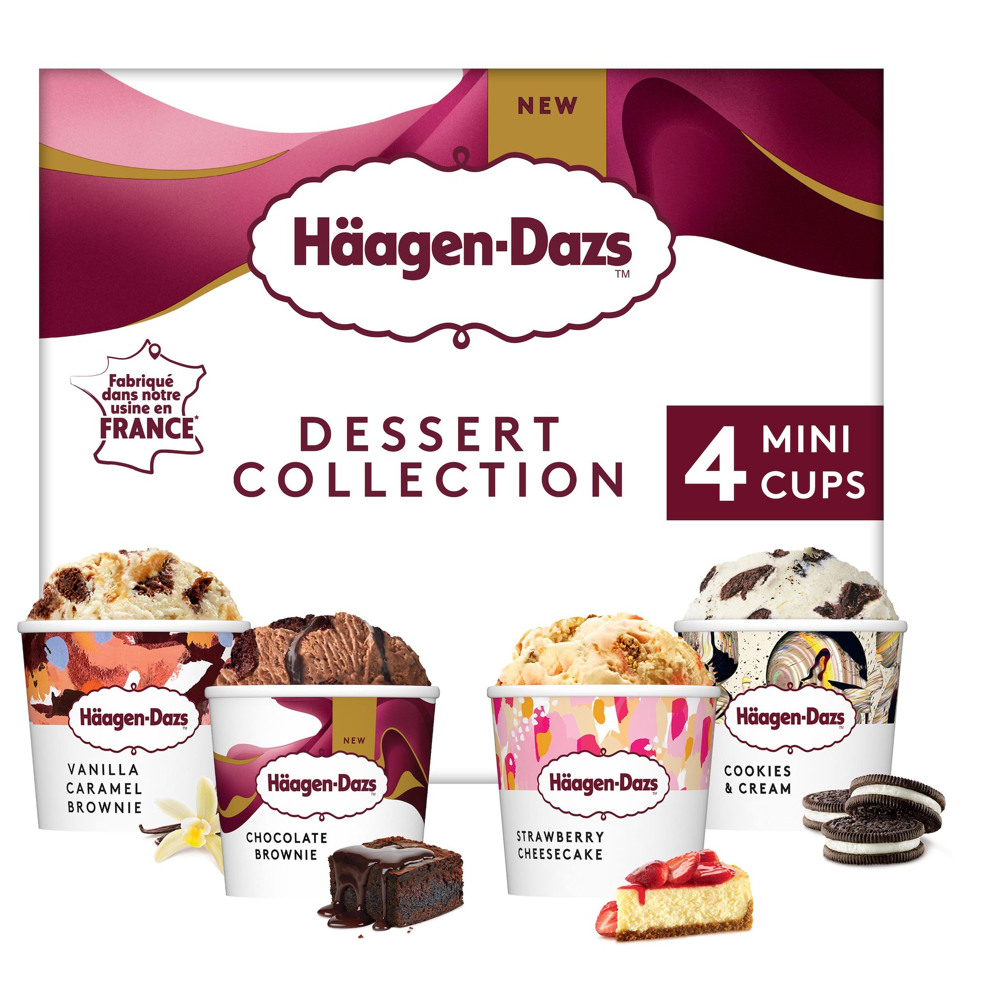 HAAGEN DAZS Mini pots de crème glacée vanille caramel brownie chocolat brownie strawberry cheesecake cookies & cream 4x95ml