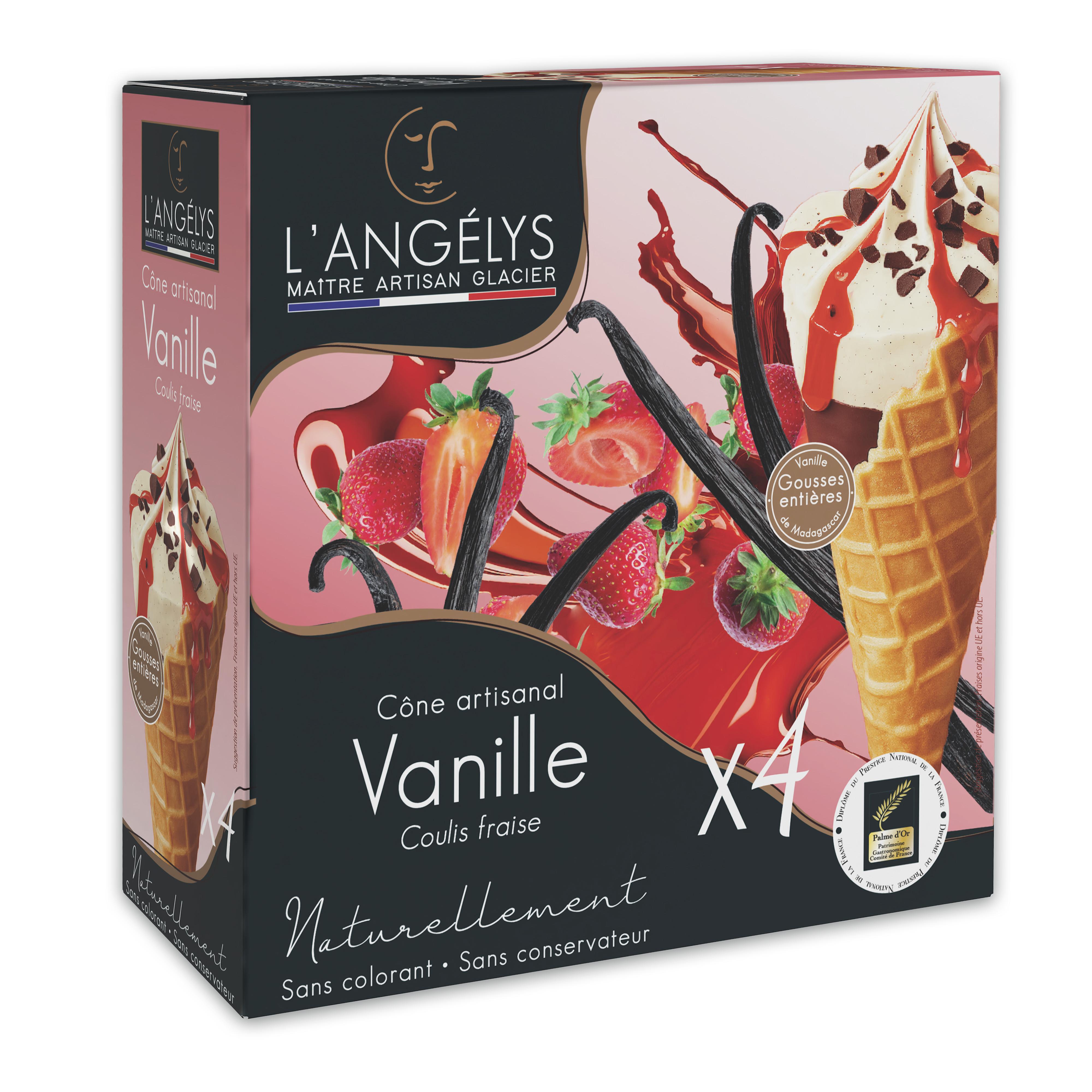 L'ANGELYS Cônes glacés vanille fraise 4 pièces 280g