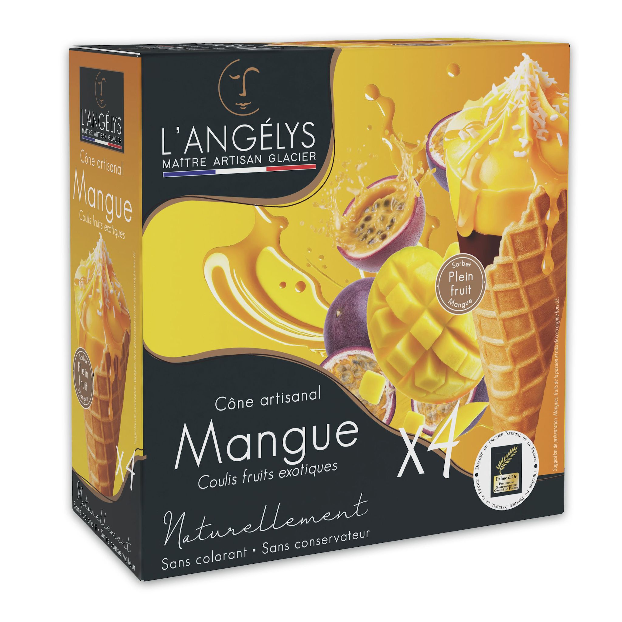 L'ANGELYS Cônes glacés sorbet mangue coulis exotique 4 pièces 300g