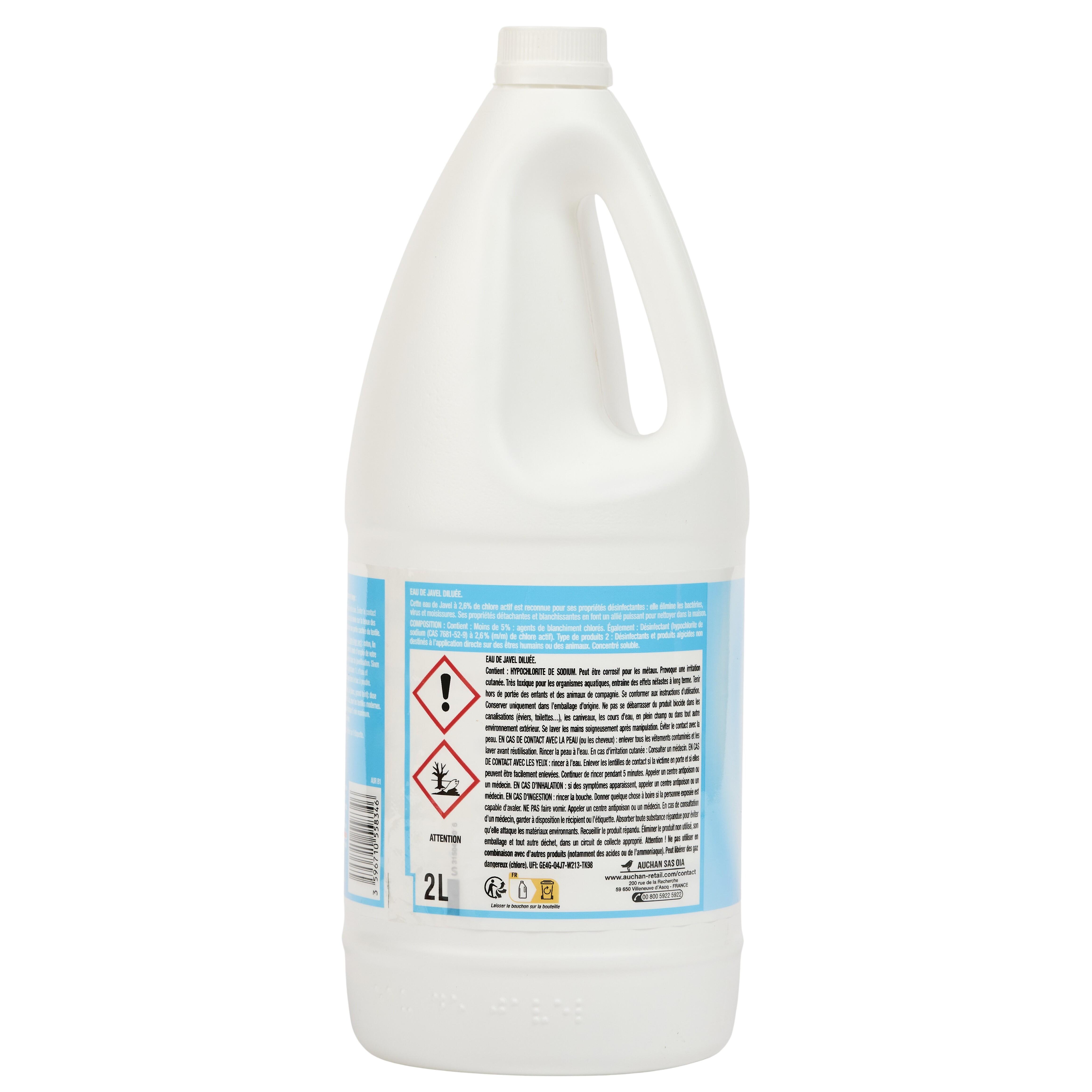 Voir la diapositive 2 : AUCHAN Eau de javel désinfectante 2.6% chlore actif détachante et blanchissante 2l