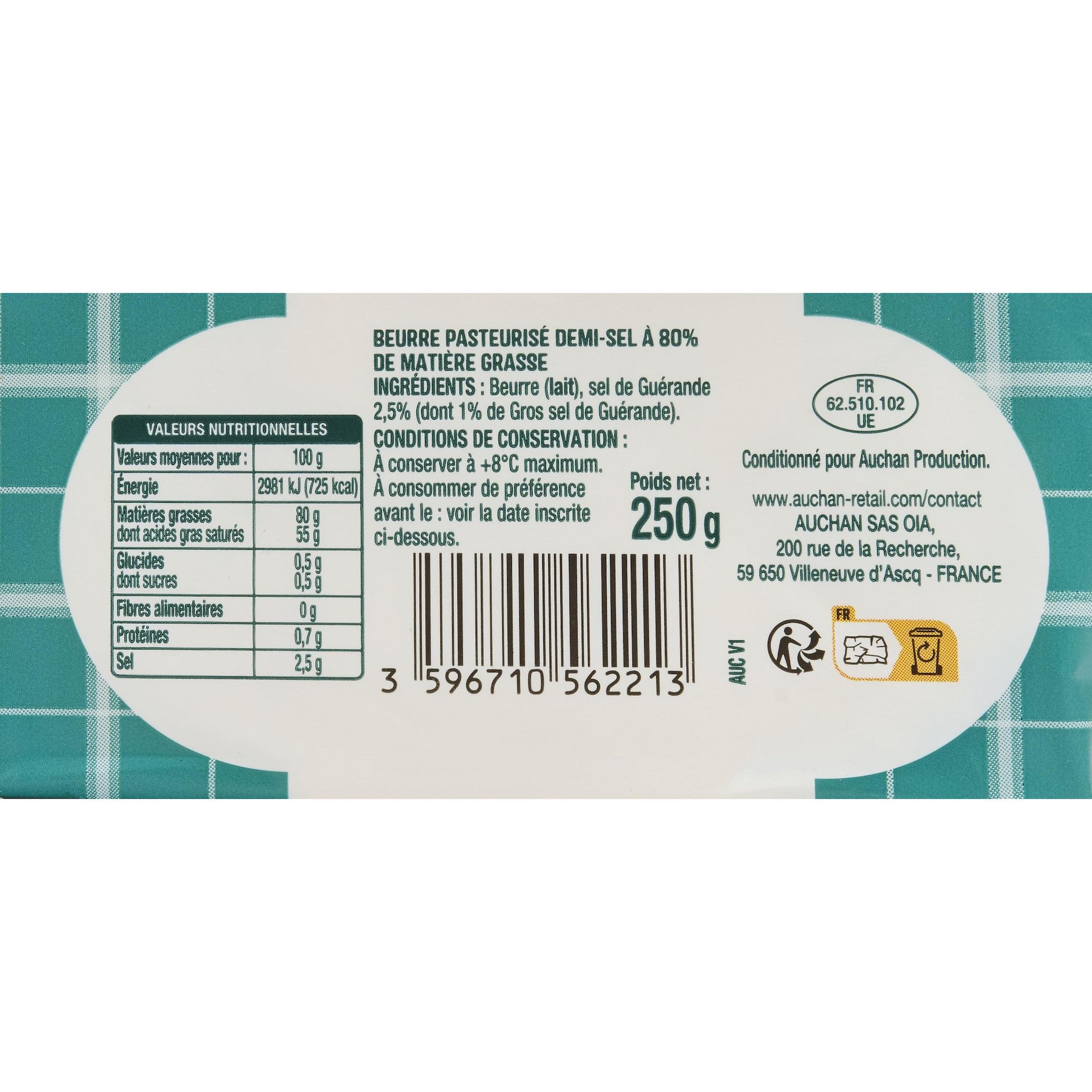 Voir la diapositive 2 : AUCHAN Beurre moulé aux cristaux de sel de Guérande 80%MG 250g