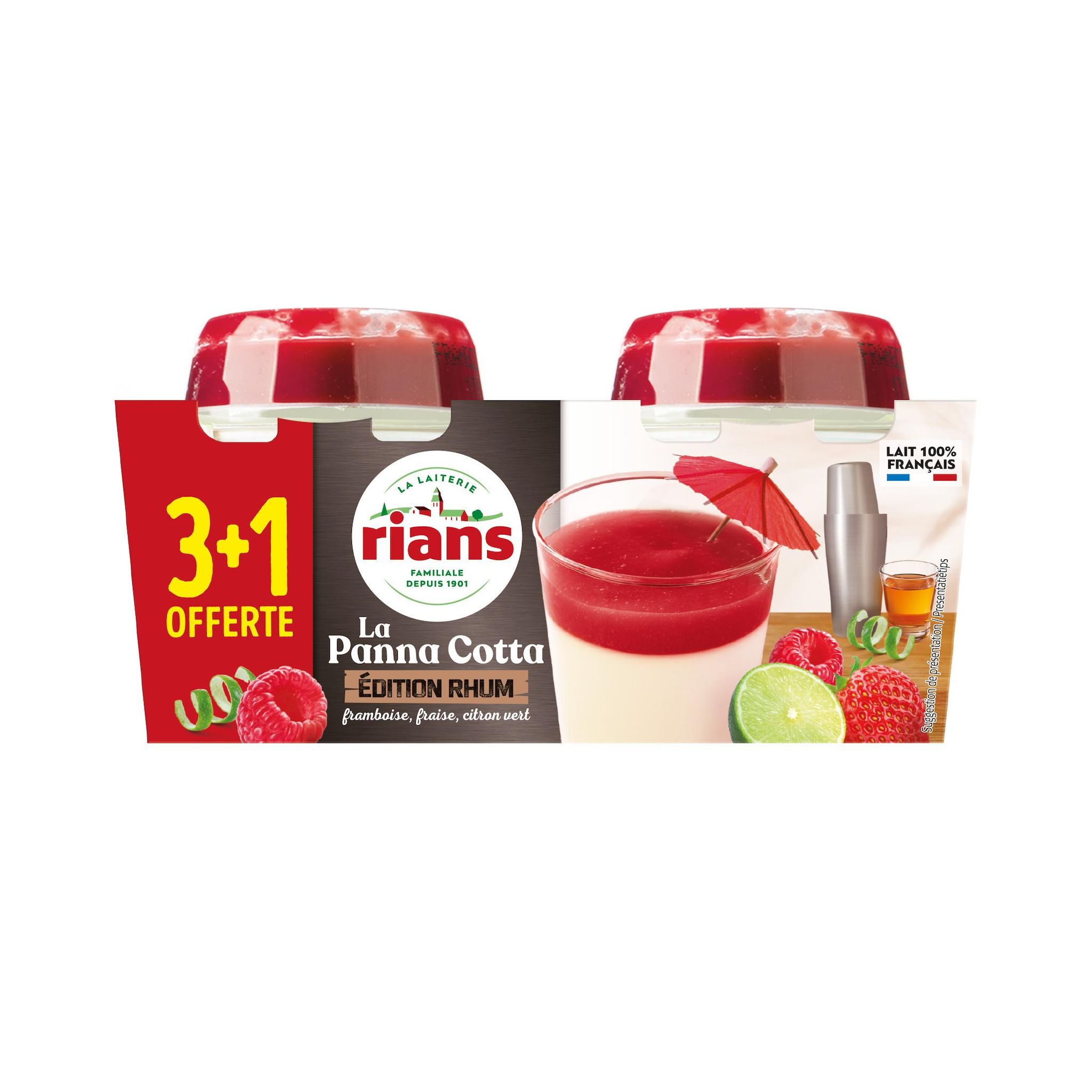 RIANS Panna cotta rhum coulis framboise fraise citron vert 3+1 offert 4x120g