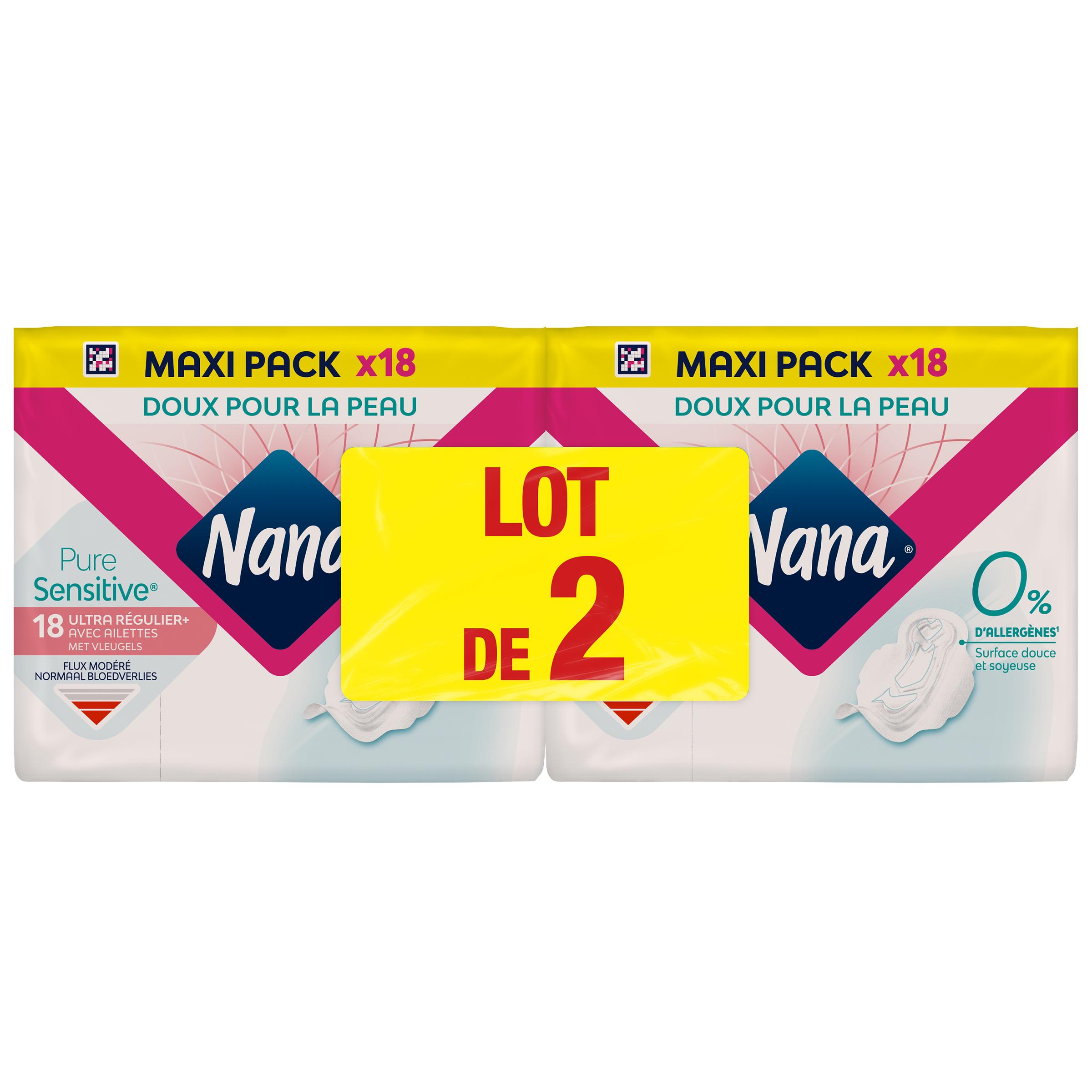 NANA Pure Sensitive Serviettes hygiéniques ultra régulier+ avec ailettes 2x18 serviettes
