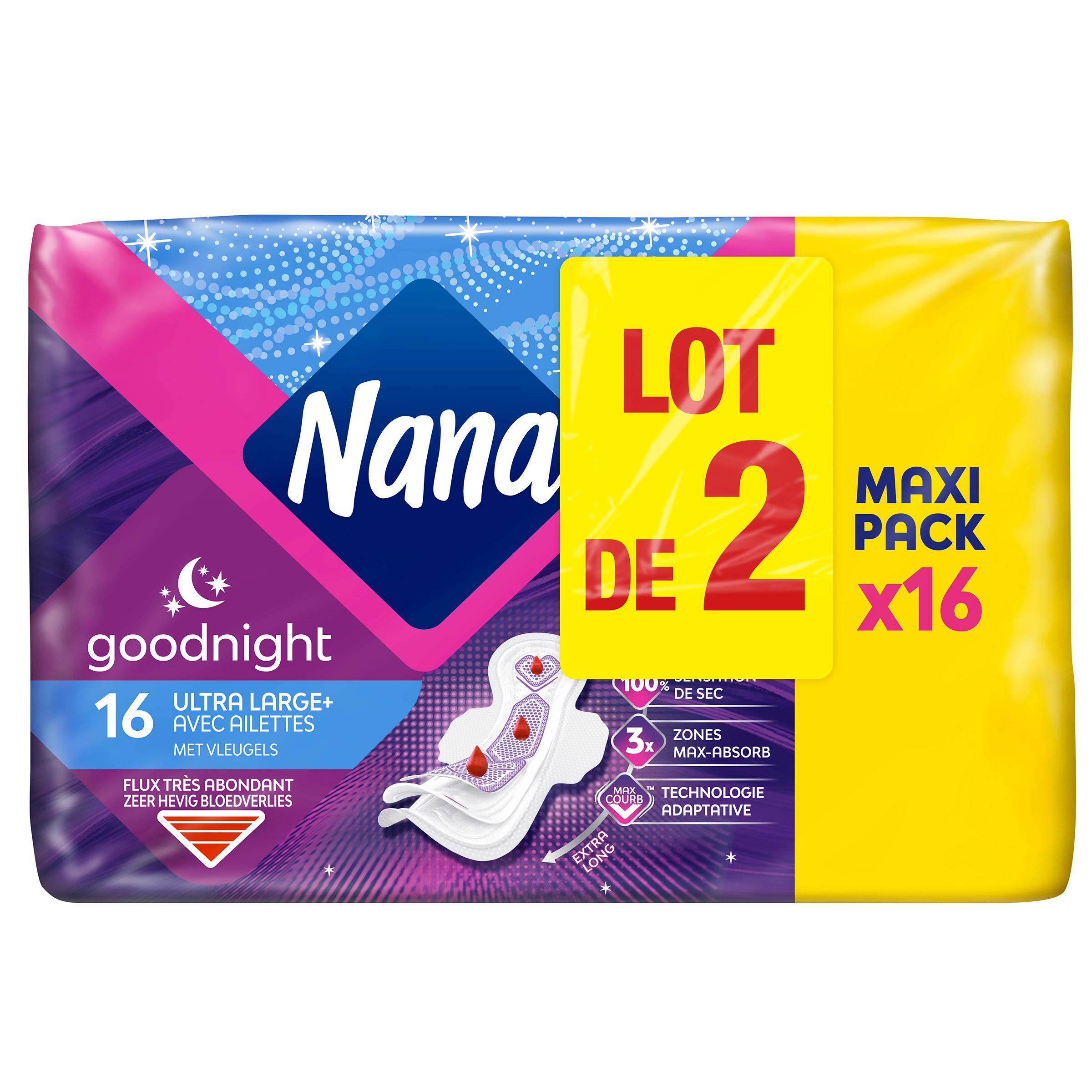 NANA Goodnight Serviettes hygiéniques ultra large+ avec ailettes 2x16 serviettes