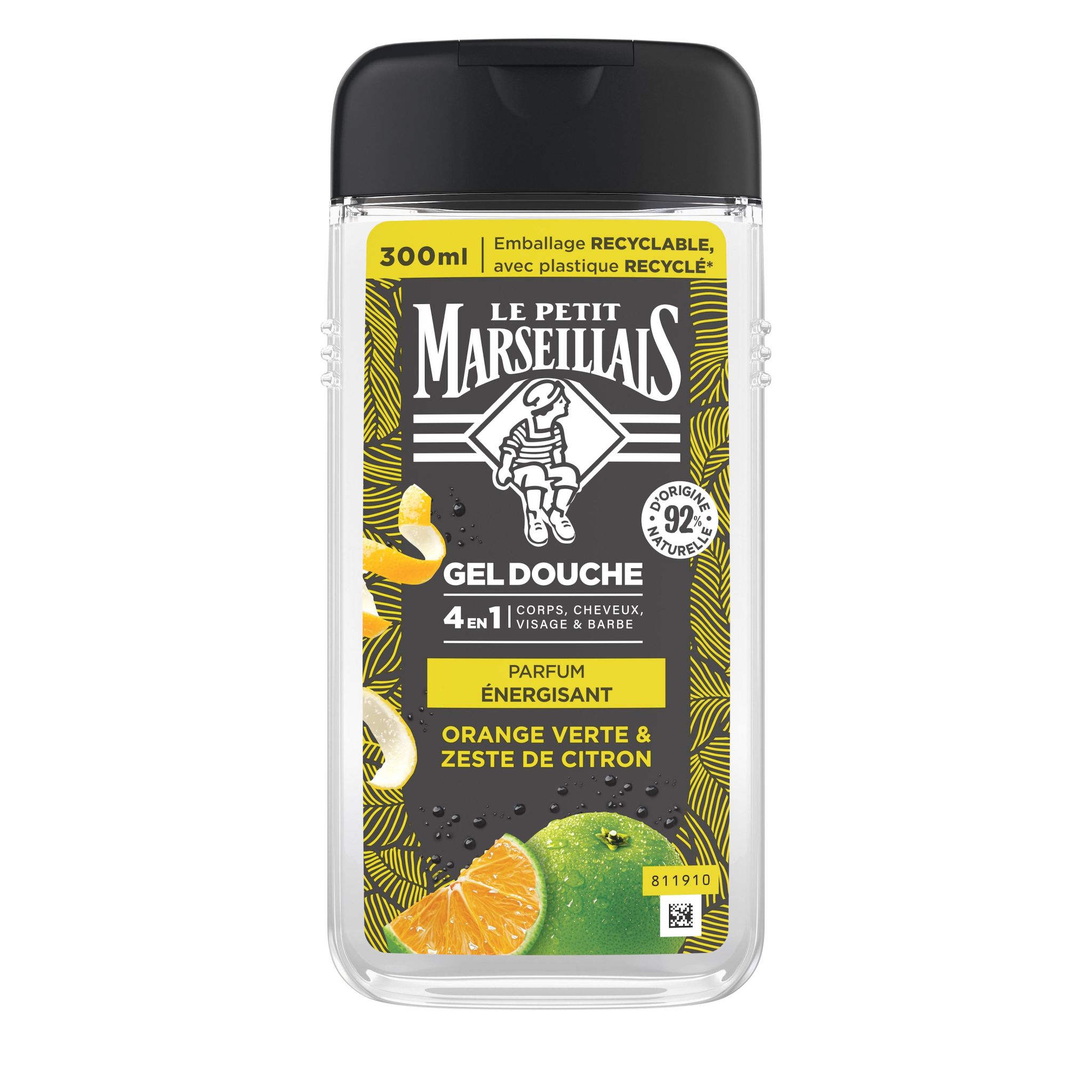 LE PETIT MARSEILLAIS Gel douche homme énergisant 4en1 corps, cheveux, visage, barbe à l'orange verte et zeste citron 300ml