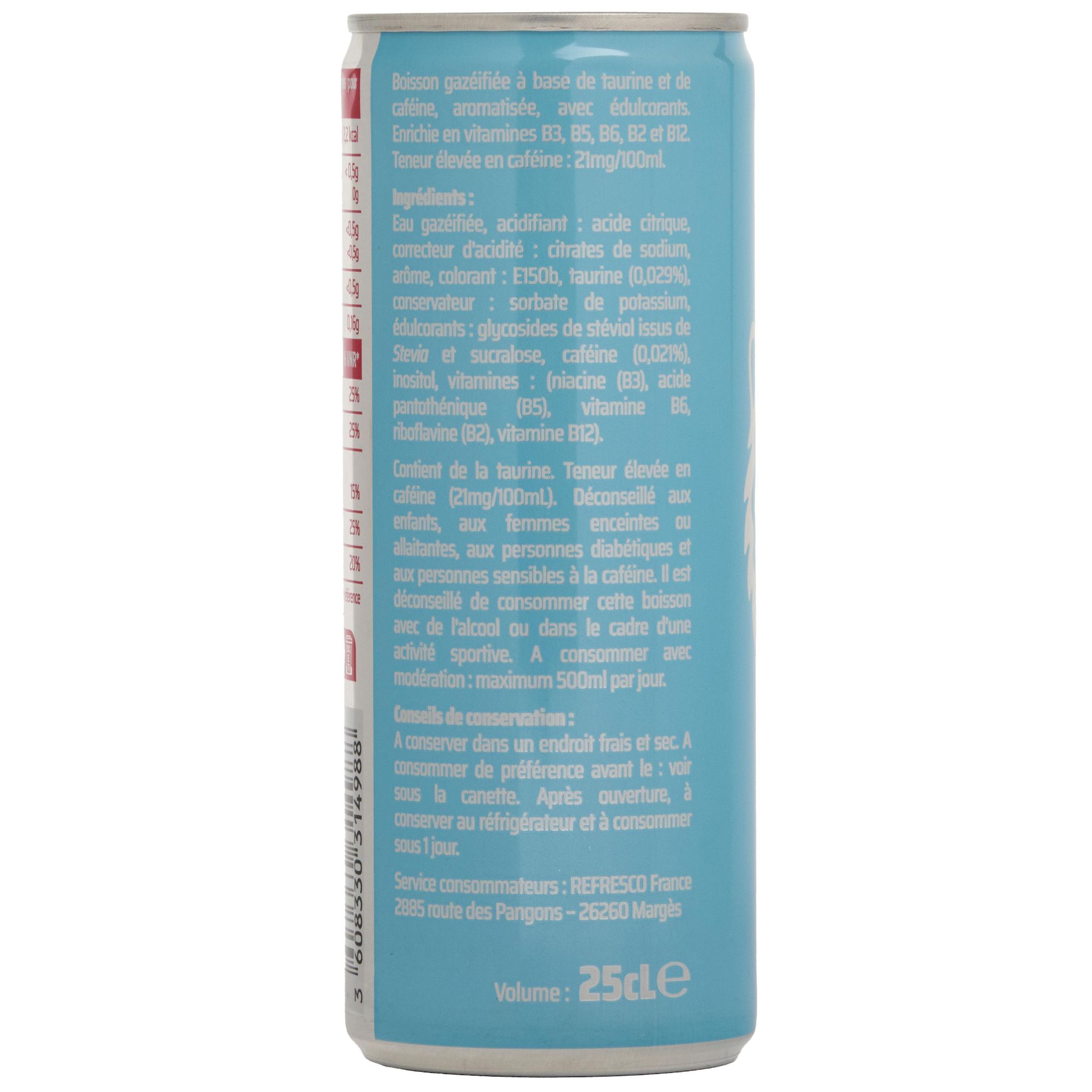 Voir la diapositive 2 : TAURINE DRINK Boisson énergisante à la taurine sans sucres boîte 25cl