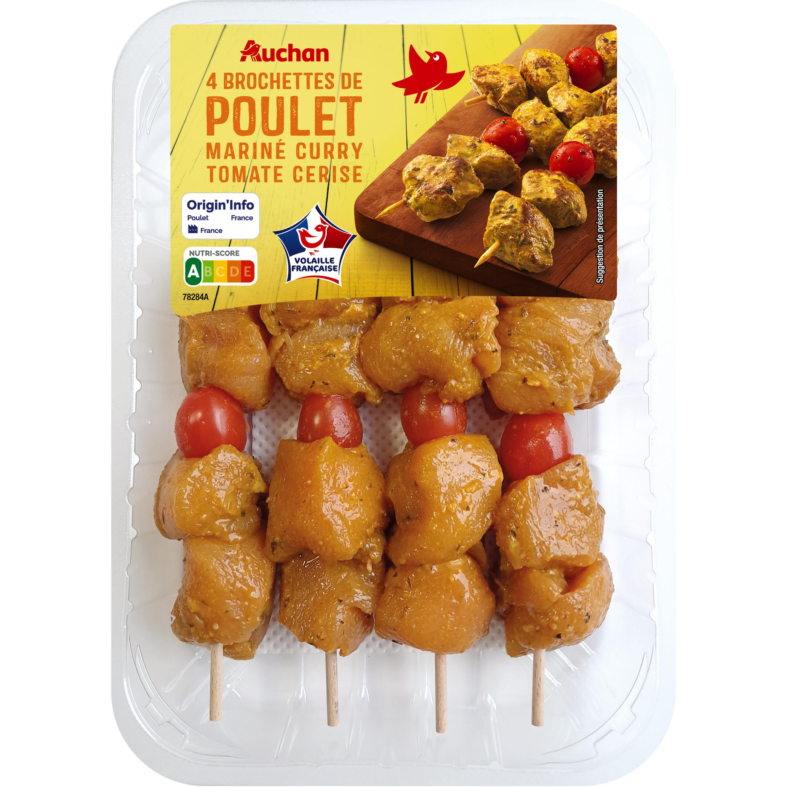 AUCHAN Brochettes de poulet marinées curry tomate cerise 4 pièces 400g
