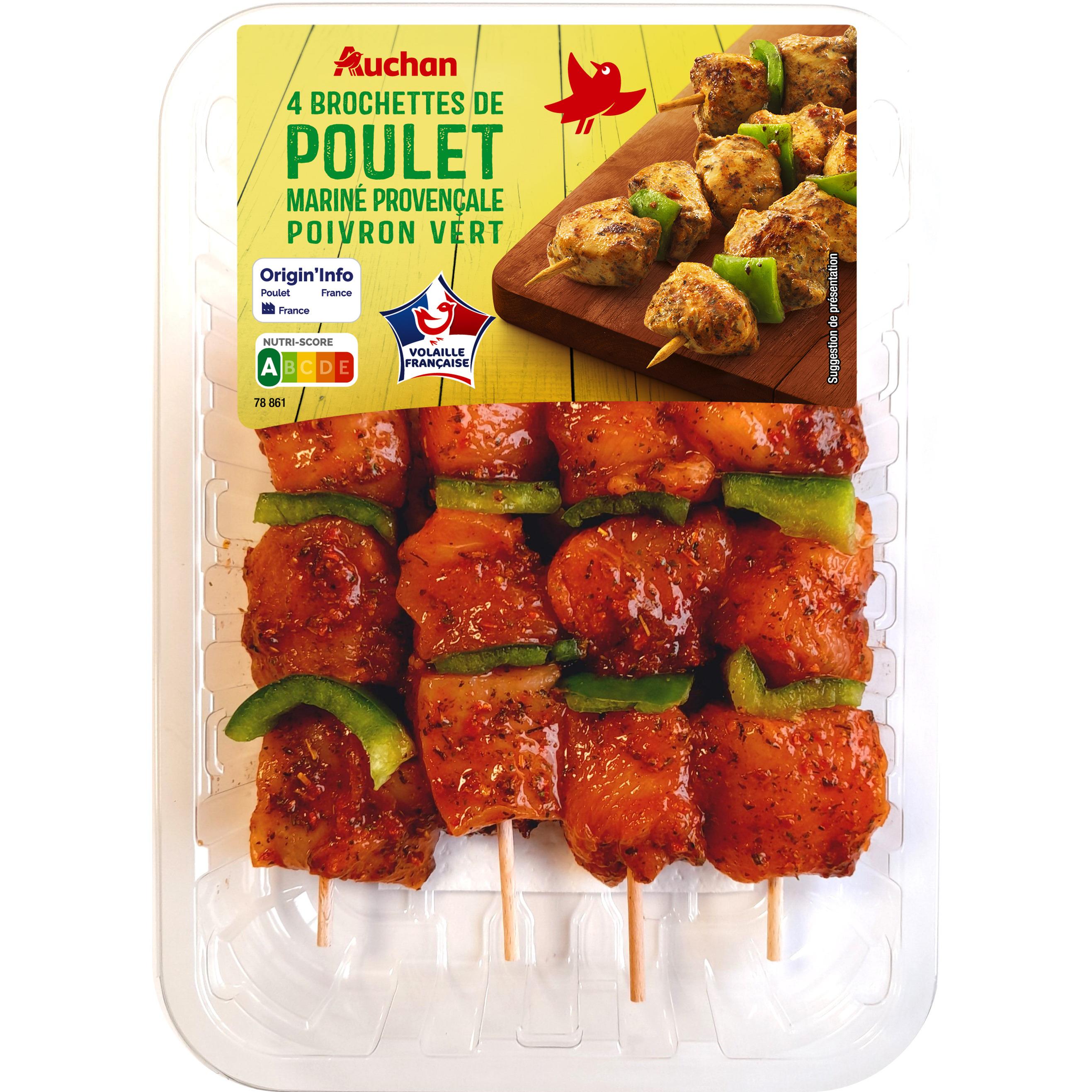 AUCHAN Brochettes de poulet mariné provençale poivron vert 4 pièces 400g